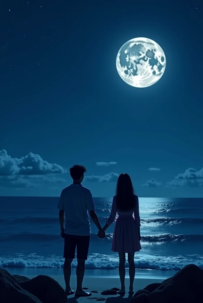 there are two people standing on a beach at night, holding hands in the moonlight, looking at the horizon, night, de pé in the moonlight, Hidari e Vlop, in the moonlight, ; open plan, Second Life, night!, on a cliff, The ocean in the background, night sinistra, under the moon, with an ocean view , Looking at the moon , twilight