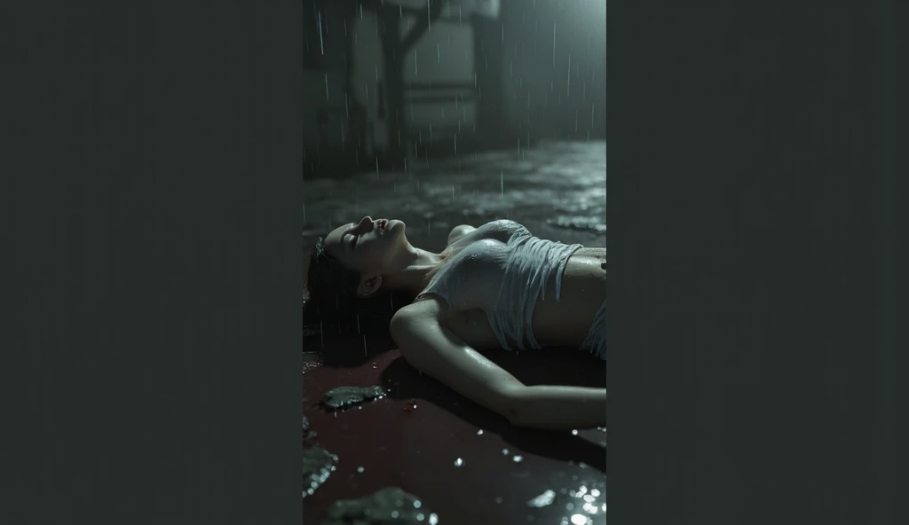 (Emma Watson), a wet young woman, which lies on a simple flat table, Full body, Full body, ((Seductive look)), ((She wears wet, carried, Torn clothing)), bare belly, ((ripped grey transparent top)), ((wet brown transparent leggings)). (masterpiece:1.2) (photorealestic:1.2) (best quality) (Intricate detailing) (8k) (High Poly) (Raytracing), (keen focus), (dimmed light), dark, in the shadows, (She has sweaty skin everywhere), (Sweaty face), (Wet Clothing), (Soaking wet hair), (Es ist Nacht und sehr dark)