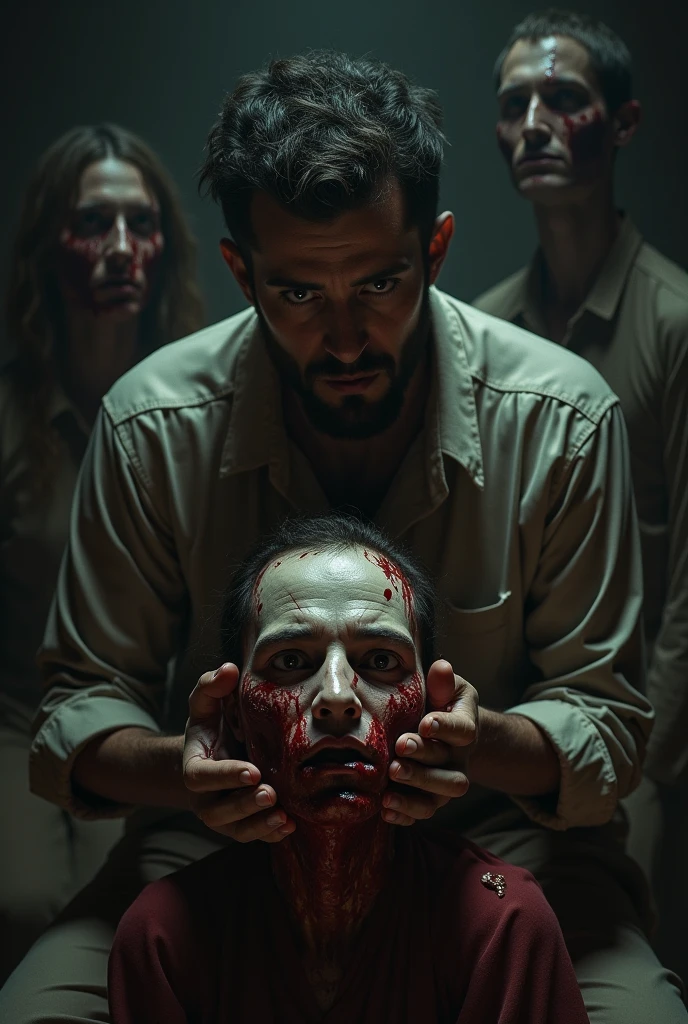 unshaven man with a beard and beardless face holding a knife in front of a woman with a bloody face, horror film, ainda do horror film, filme ainda de um horror film, film ainda do horror film, still from the movie the arrival, award winning horror photography, scary picture in color, still from a live action film, edited