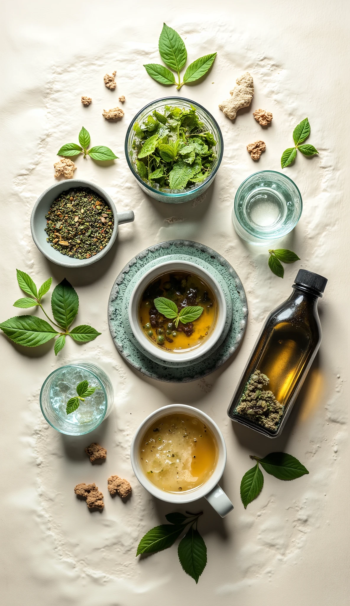 A minimalist and soft cover for the preparation of teas, with shades of green (Menta, olive) and beige. in the center, a composition that represents the 4 preparation methods:
Infusion : cup de chá fumegante com folhas de hortelã.
decoction: Small pot with ginger and cinnamon in hot water.
maceration : Glass cup with cold water and horsetail leaves.
Dye : Dark glass bottle with golden liquid and herbs.
around, green leaves and water drops. Bottom claro com textura de papel craft, soft lighting. no letters or texts ."
Simplified Description
Colors: green (Menta, olive) and beige.
elements: cup, pan, glass, Bottle, leaves and water drops.
Bottom: Craft paper texture, soft lighting.
no texts: visual elements only .