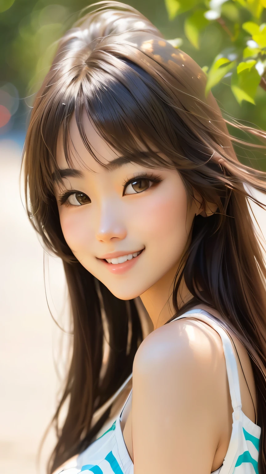 highest quality。masterpiece。Ultra HD。girl。２３age。Gravure idol。Features。Long Hair。The color is dark brown。(((Amazingly large breasts：5.0)))。Glamorous body。Long legs。Like a chamois。A girl who looks good in a bikini。Best regards。she smiles a little.