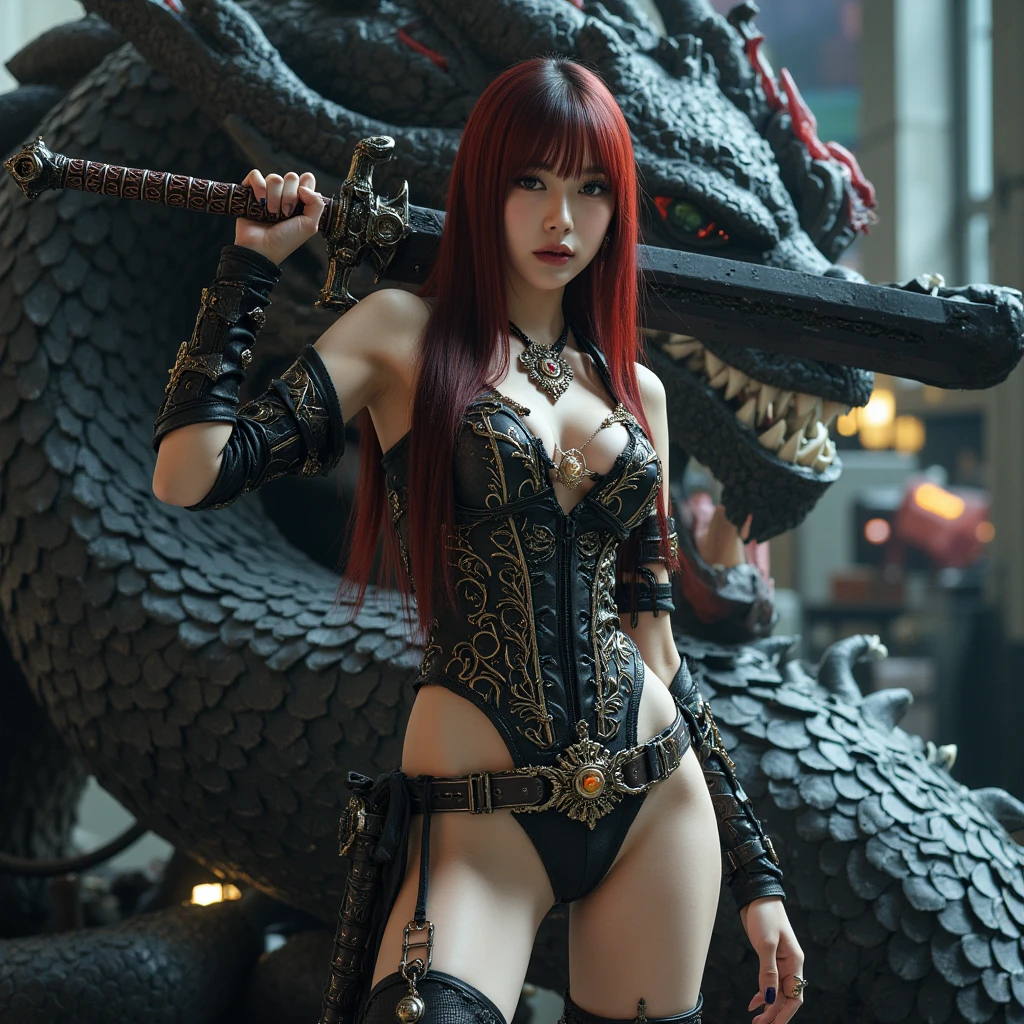 ((​masterpiece:1.4)、(top-quality:1.4)、(reallistic:1.7))、Mercenary troops from another dimension、Pretty girl mercenary、Sexy Daughter、1girl in、latex shiny、Latex bodysuit、By Luis Royo、age19、Ultra Ultra Bikini、Looking Back Beauty、Outstanding style、Slender Abs、beauty legs、Beautiful ass、A detailed eye、Raw photo、red-lips、Red high heels、a choker、a necklace、耳Nipple Ring、