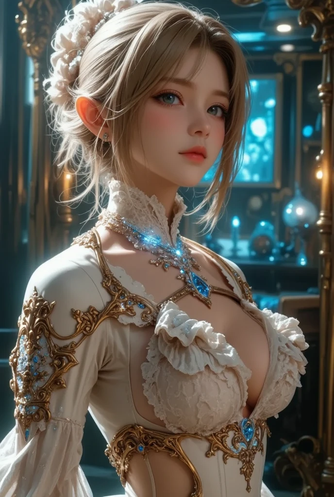 (((masterpiece, best quality))),(((high quality))),(((high resolution illustration))),(((hyper detail))),(((NSFW))),(((Wordsworth's Sharon))),(((Very beautiful long blonde hair))),(((Very beautiful face))), ((((Detailed face)))),(((very beautiful blue eyes))),(((Realistic Skin))),(((her face is flushed))),(((slim body))),(((slim thighs))),(((small breasts))),(((very beautiful slender legs))),(((cleavage cutout with very detailed and intricate decoration:2.0))),(((beautiful earrings))),(((beautiful hair ornaments))),(((in the old dark deep forest:1.2))),(((late at night:1.4))),(((wet her skin))),((Sharon looks like she is about to climax:1.5))),