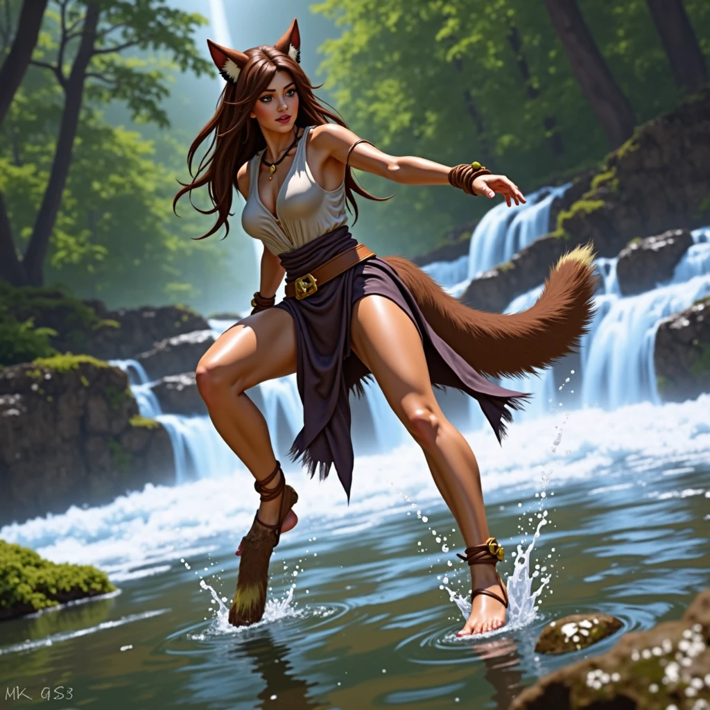 masterpiece, highest quality, solo focus, (perfect face:1.1) , (high detail:1.1), (dramatic, 1.5), action shot, strong legs, 1 muscular female:1.3, (brown hair:1.2), silver jewelry:1.3, (dressed as greek hunter), (holding bow), (accompanied by hunting dog), (in forest), (bright light:1.3), battle stance, hyper detailed, digital art, studio quality, smooth render, unreal engine 5 render, octane render, 8K, particle effects
