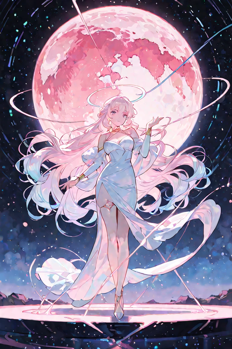 (Simple hands:0.5)+(Detailed hands:0.7), (tmasterpiece), (Best quality), White hair, red eyes, 1 busty girl, ((pale-skinned)), ((Two colors of hair)), eyeslashes, bangle, jewely, ssmile, glistning skin, shinny hair, Fantastical, ((Long gray hair)), 1 girl, Two shades of hair, nigh sky, ((Incredibly detailed CG illustration masterpiece)), looking at you, Japanese cartoons, beautiful anime eyes, beautidful eyes, eyed, ((sparkle eyes)), galaxias, Starcloud, (Full body lesbian), (Beautiful curves), Perspectives, wet neckline, (Thigh thick), 4k高清, hyper realisitc, perfect body figure, perfect lips, Perfect nose, perfect eyes, looking at viewert, a skirt, ((Elegant dress)), Soft decoration, long skirt, ((neon)), ((neonlight)), vibrant with colors