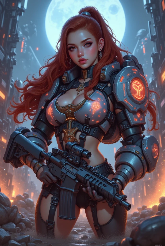 Space Marine, Harhammer 40,000, World at War, Beautiful Cyberpunk Woman with Very Detailed Mecha Treatment, Vibrant Colors, Metallic Red, Bloodstained, With Sky With Clouds And Full Moon, Perfect Body, Wearing Worn Mechanical Armor, Full Body, Red Hair,