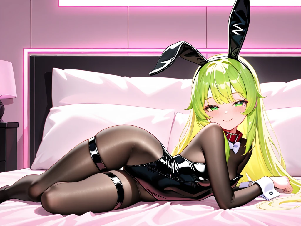 1girl, long golden hair, green eyes, floppy dog ears, slender body, black stockings,on yellow bed.indoors, bedroom, POV, ????, perfect quality perfect eyes, ?????????, ??????????????, closed eyes, ????????????, blush