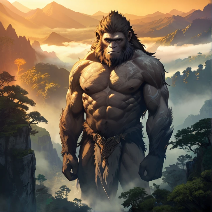 ln the forest,giant ape,Like people,Golden hair,Ferocious,atrocious,Chinese Ancient Times,Classical ink painting,Faraway view