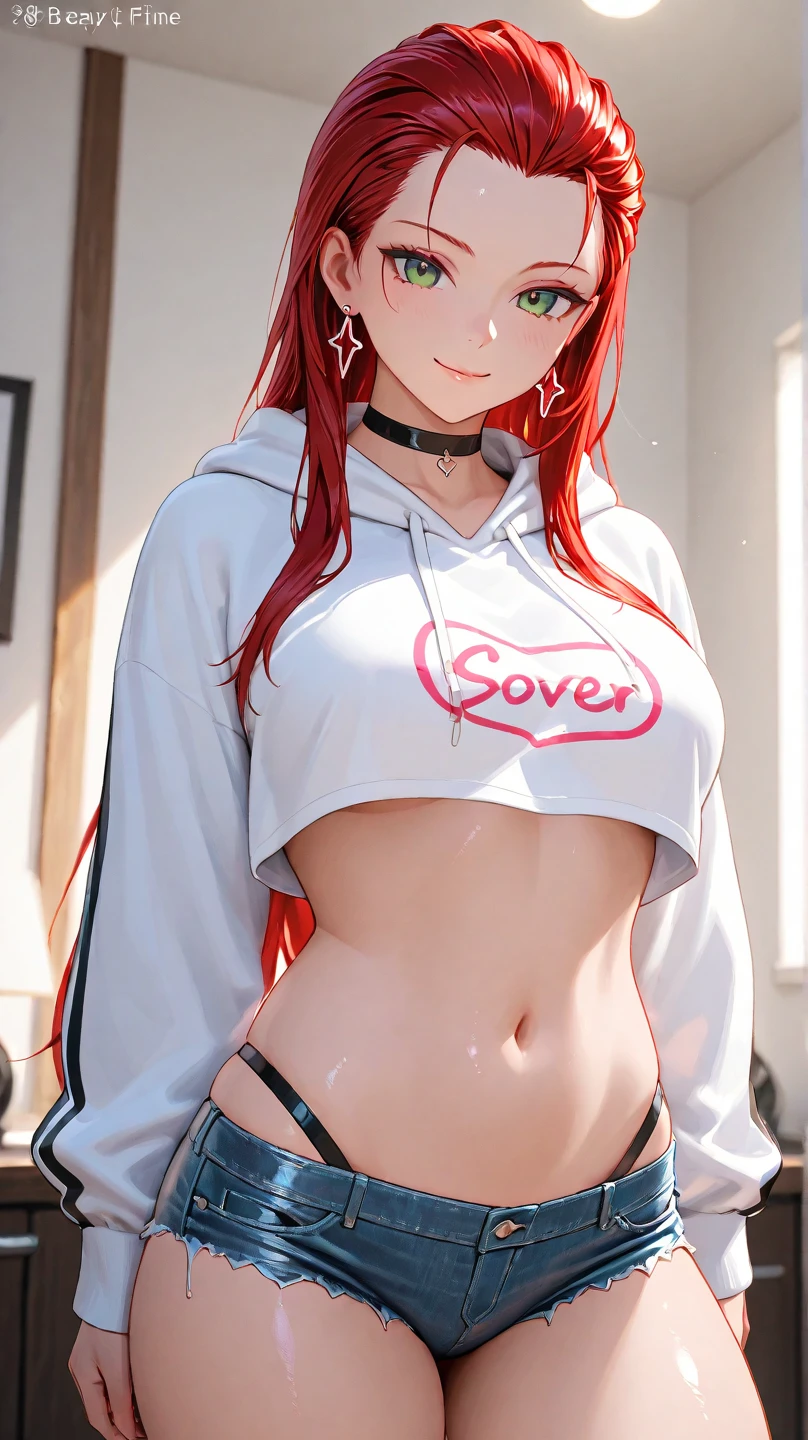 Redhead with big tits and a sexy pose with her hands on her head and kneeling on the bed and a transparent and sweaty t-shirt