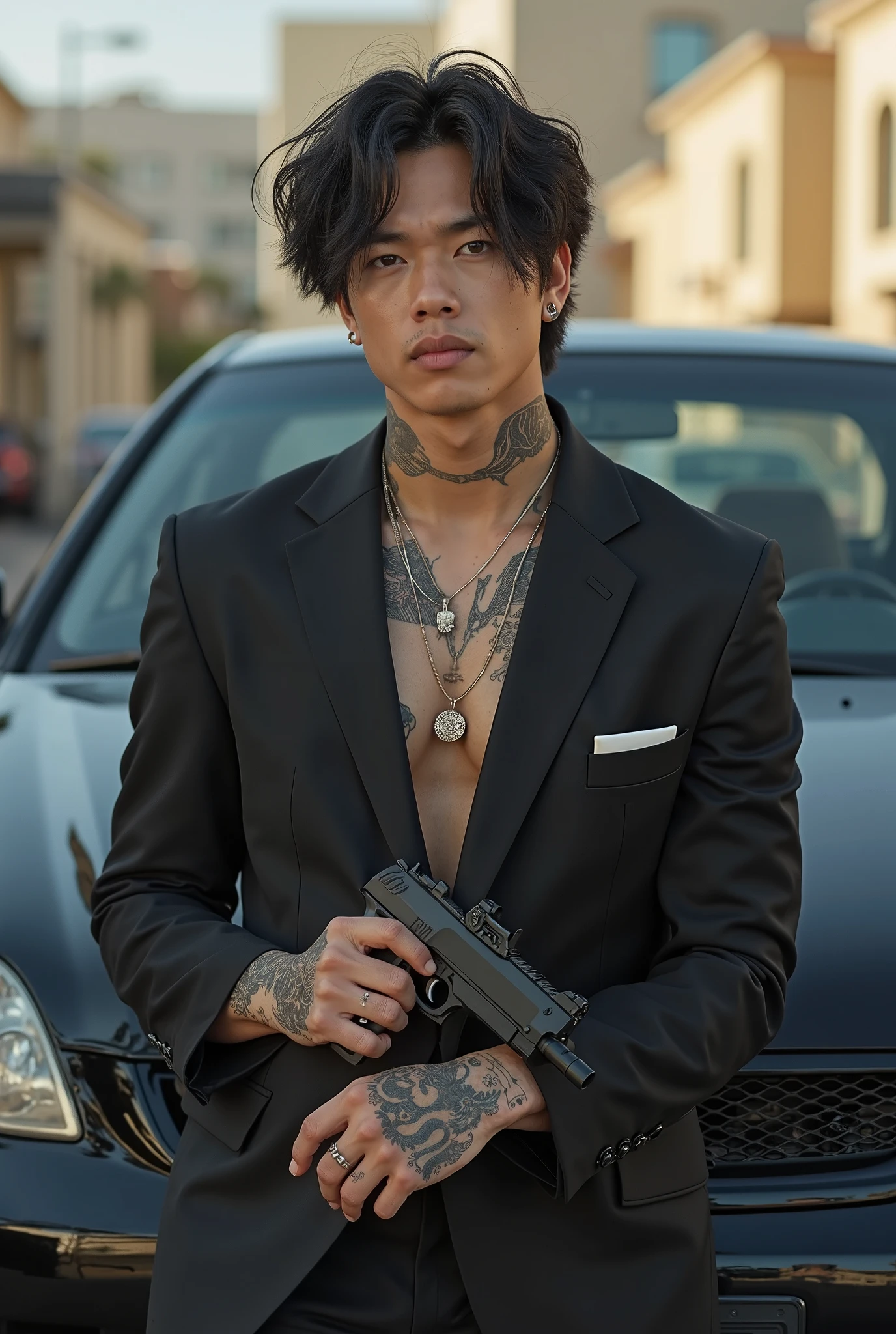 Arafed man in a suit holding a gun in front of a car - SeaArt AI