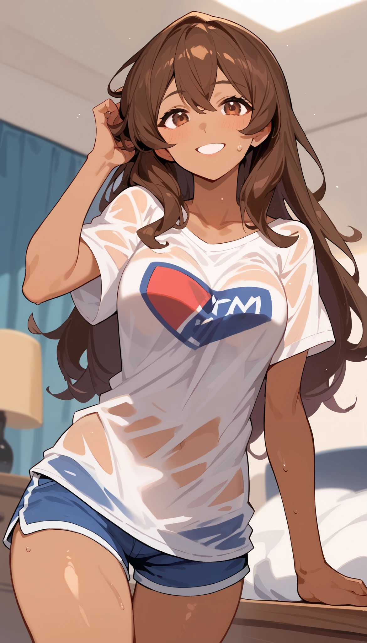 ((masterpiece,best quality))
{ Gurihiru_aertstyle_LoRA }
{ 1girl, kamalakhan, brown hair, long hair, brown eyes, dark skin}
{ see-through shirt : oversized shirt : short sleeves : tight_shorts }
{ sassy pose, random angle } { devious_smile }} { sweating } { cute } { dark, messy bedroom }