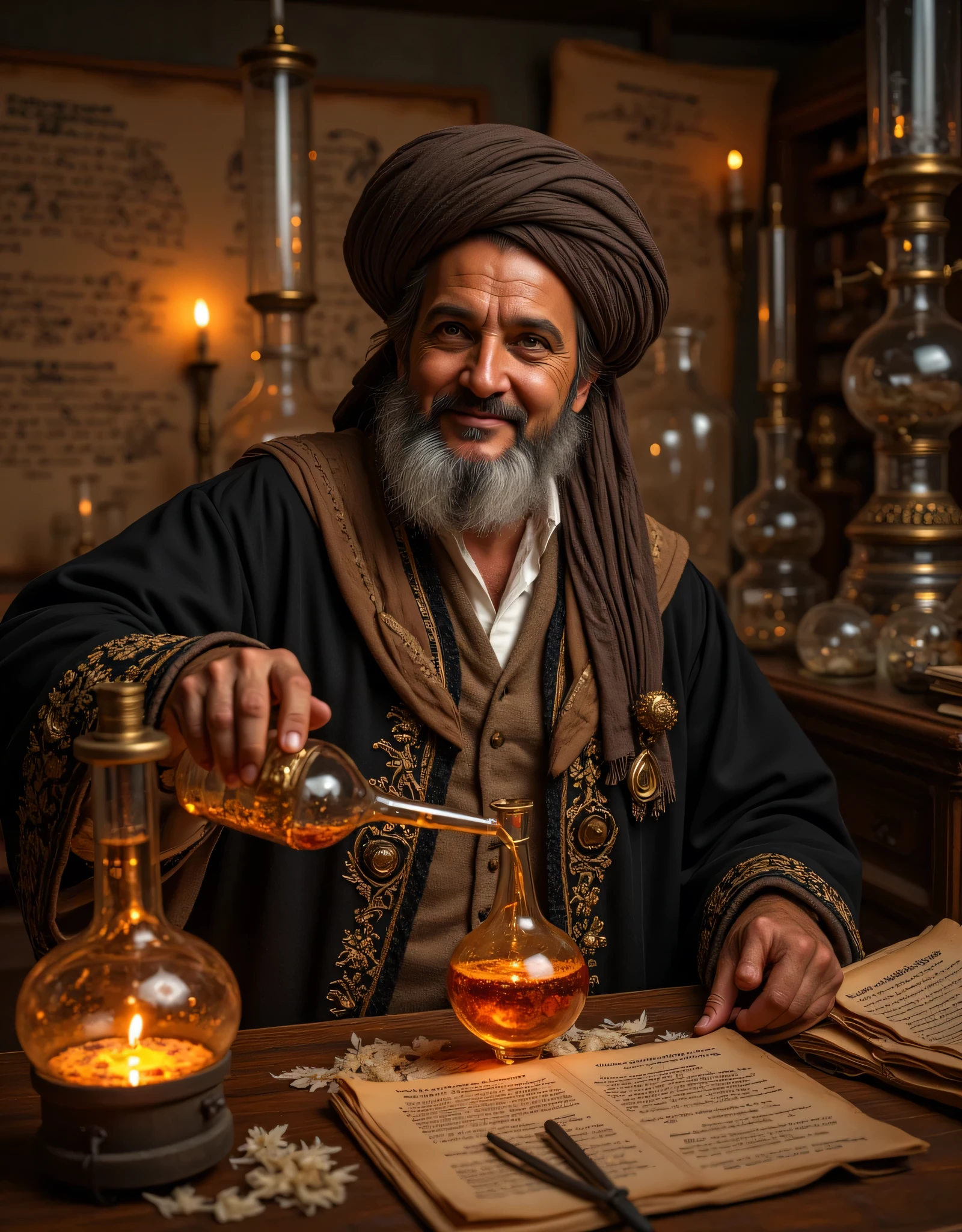 **Prompt:** Step into the enchanting realm of a medieval chemical laboratory, a sanctuary pulsating with the fervor of ancient scientific pursuit. Picture a labyrinth of ornate glassware, vividly bubbling alembics glass casting chromatic reflections, and the air rich with the scent of herbs and uncharted possibilities. The room, illuminated by the soft glow of flickering candles, reveals walls adorned with intricate scrolls of alchemical secrets. At the epicenter of this magnificent setting, envision a venerable old Arab alchemist, his wisdom etched into every line of his face. Clad in an elaborately embroidered robe that whispers tales of his heritage and topped with a traditional turban, he sits before an expansive table strewn with sunlit parchments and elegant quills. As he delicately pours a vibrant chemical elixir into an awaiting alembic, his features emerge—a thoughtful fusion of Robert De Niro’s intensity, Al Pacino’s charisma, and Russell Crowe’s depth, all softened by an inviting smile. His eyes gleam with the curiosity of discovery, inviting you to share in his quest for knowledge. Behind him, towering alembics loom like ancient sentinels, each illustrating the marvels of a time when science and magic danced hand in hand. Capture this scene in breathtaking hyperrealism, using a wide-angle perspective to juxtapose the polished surfaces of aged wood and the rich textures of leather-bound tomes. Employ depth of field techniques to enhance the inviting atmosphere, luring the viewer to delve into this extraordinary blend of history, discovery, and the tantalizing mysteries that lie within this timeless laboratory.