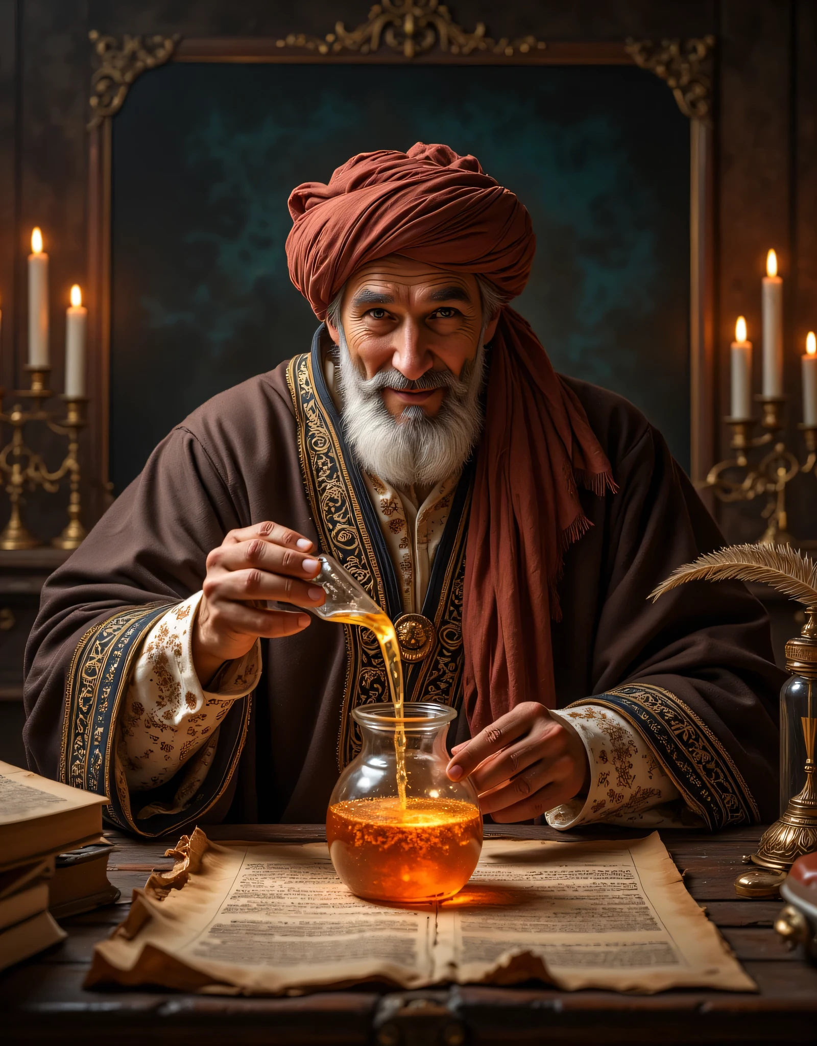 **Prompt:** Step into the enchanting realm of a medieval chemical laboratory, a sanctuary pulsating with the fervor of ancient scientific pursuit. Picture a labyrinth of ornate glassware, vividly bubbling alembics glass casting chromatic reflections, and the air rich with the scent of herbs and uncharted possibilities. The room, illuminated by the soft glow of flickering candles, reveals walls adorned with intricate scrolls of alchemical secrets. At the epicenter of this magnificent setting, envision a venerable old Arab alchemist, his wisdom etched into every line of his face. Clad in an elaborately embroidered robe that whispers tales of his heritage and topped with a traditional turban, he sits before an expansive table strewn with sunlit parchments and elegant quills. As he delicately pours a vibrant chemical elixir into an awaiting alembic, his features emerge—a thoughtful fusion of Robert De Niro’s intensity, Al Pacino’s charisma, and Russell Crowe’s depth, all softened by an inviting smile. His eyes gleam with the curiosity of discovery, inviting you to share in his quest for knowledge. Behind him, towering alembics loom like ancient sentinels, each illustrating the marvels of a time when science and magic danced hand in hand. Capture this scene in breathtaking hyperrealism, using a wide-angle perspective to juxtapose the polished surfaces of aged wood and the rich textures of leather-bound tomes. Employ depth of field techniques to enhance the inviting atmosphere, luring the viewer to delve into this extraordinary blend of history, discovery, and the tantalizing mysteries that lie within this timeless laboratory.