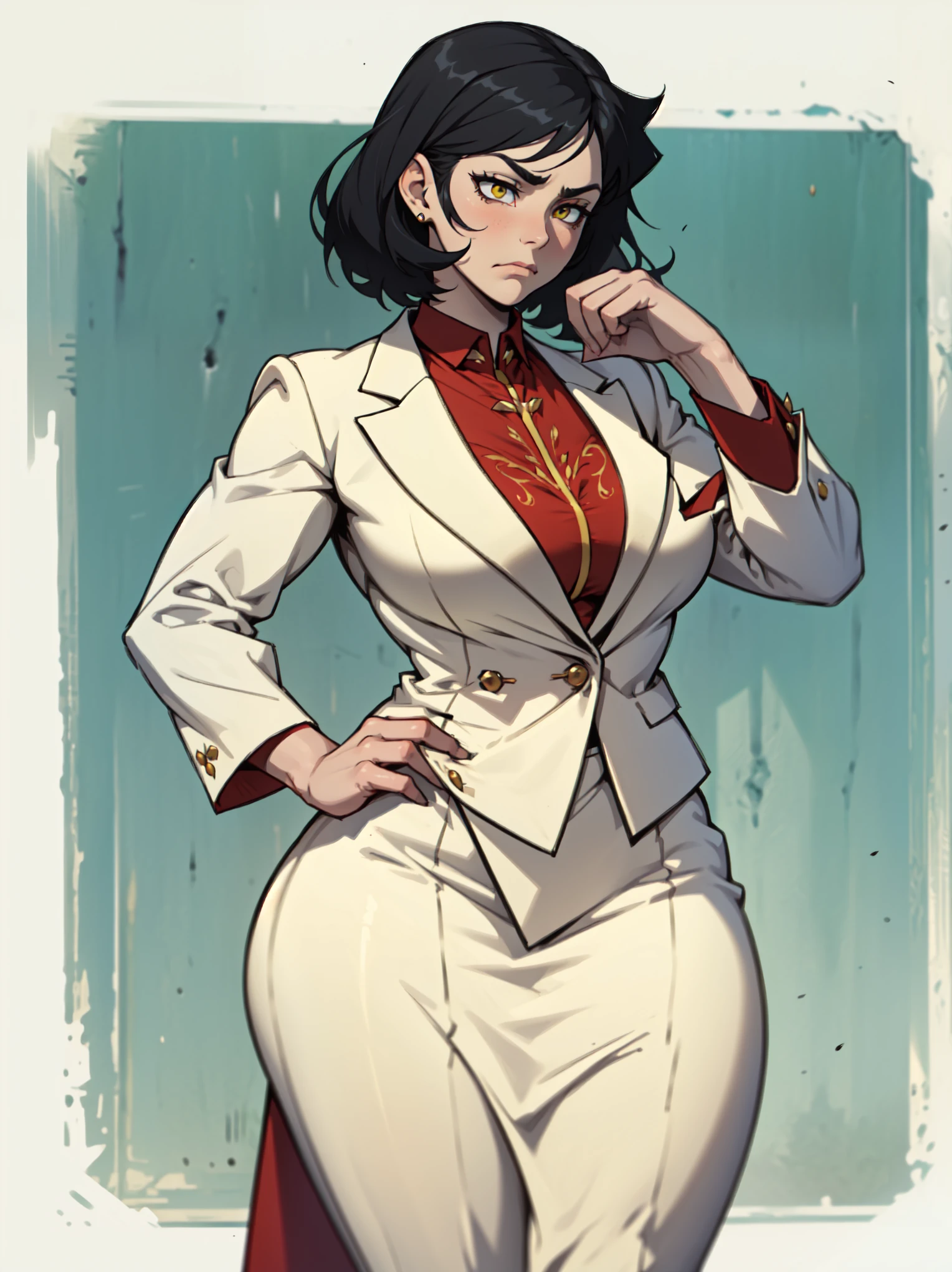 ((female formal wear female formal wear female formal wear female formal wear)) black hair yellow eyes pale skin solo sad huge muscles big breasts frown sad sad