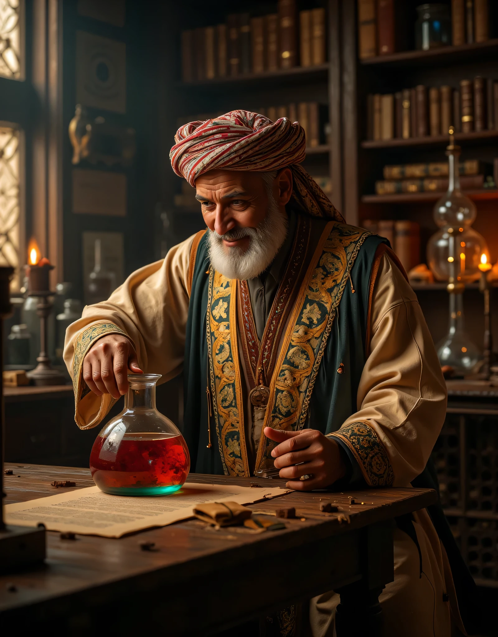 **Prompt:** Step into the enchanting realm of a medieval chemical laboratory, a sanctuary pulsating with the fervor of ancient scientific pursuit. Picture a labyrinth of ornate glassware, vividly bubbling alembics casting chromatic reflections, and the air rich with the scent of herbs and uncharted possibilities. The room, illuminated by the soft glow of flickering candles, reveals walls adorned with intricate scrolls of alchemical secrets. At the epicenter of this magnificent setting, envision a venerable old Arab alchemist, his wisdom etched into every line of his face. Clad in an elaborately embroidered robe that whispers tales of his heritage and topped with a traditional turban, he sits before an expansive table strewn with sunlit parchments and elegant quills. As he delicately pours a vibrant chemical elixir into an awaiting alembic, his features emerge—a thoughtful fusion of Robert De Niro’s intensity, Al Pacino’s charisma, and Russell Crowe’s depth, all softened by an inviting smile. His eyes gleam with the curiosity of discovery, inviting you to share in his quest for knowledge. Behind him, towering alembics loom like ancient sentinels, each illustrating the marvels of a time when science and magic danced hand in hand. Capture this scene in breathtaking hyperrealism, using a wide-angle perspective to juxtapose the polished surfaces of aged wood and the rich textures of leather-bound tomes. Employ depth of field techniques to enhance the inviting atmosphere, luring the viewer to delve into this extraordinary blend of history, discovery, and the tantalizing mysteries that lie within this timeless laboratory.