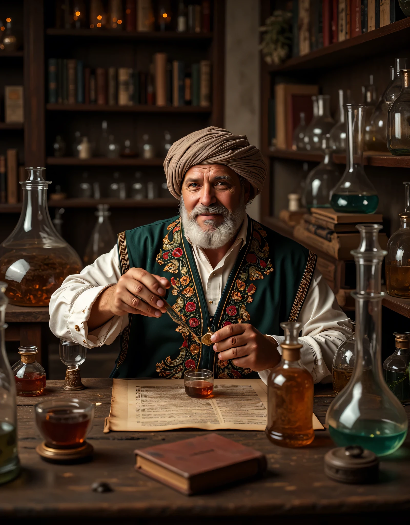 **Prompt:** Step into the enchanting realm of a medieval chemical laboratory, a sanctuary pulsating with the fervor of ancient scientific pursuit. Picture a labyrinth of ornate glassware, vividly bubbling alembics casting chromatic reflections, and the air rich with the scent of herbs and uncharted possibilities. The room, illuminated by the soft glow of flickering candles, reveals walls adorned with intricate scrolls of alchemical secrets. At the epicenter of this magnificent setting, envision a venerable old Arab alchemist, his wisdom etched into every line of his face. Clad in an elaborately embroidered robe that whispers tales of his heritage and topped with a traditional turban, he sits before an expansive table strewn with sunlit parchments and elegant quills. As he delicately pours a vibrant chemical elixir into an awaiting alembic, his features emerge—a thoughtful fusion of Robert De Niro’s intensity, Al Pacino’s charisma, and Russell Crowe’s depth, all softened by an inviting smile. His eyes gleam with the curiosity of discovery, inviting you to share in his quest for knowledge. Behind him, towering alembics loom like ancient sentinels, each illustrating the marvels of a time when science and magic danced hand in hand. Capture this scene in breathtaking hyperrealism, using a wide-angle perspective to juxtapose the polished surfaces of aged wood and the rich textures of leather-bound tomes. Employ depth of field techniques to enhance the inviting atmosphere, luring the viewer to delve into this extraordinary blend of history, discovery, and the tantalizing mysteries that lie within this timeless laboratory.
