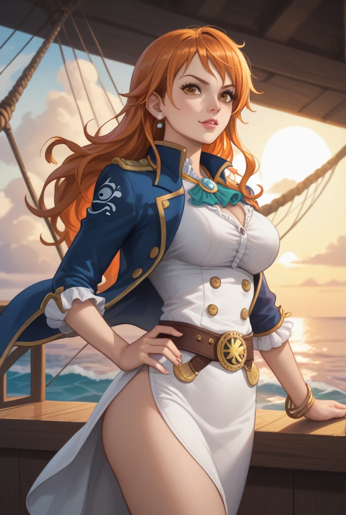 extremely beautiful nami (one piece), subtle makeup, golden hour, photorealistic, high contrast, 8k HD, detailed, hyper-detailed, realistic skin texture, orange long hair, bikini top only, blue pants, large breast, best quality, ultra high res, raw photo, dramatic lighting, unreal engine, diffuse glow, outdoor, realistic detailed onep piece pirate ship, treasure chest, gold, gold coins, gold bars.