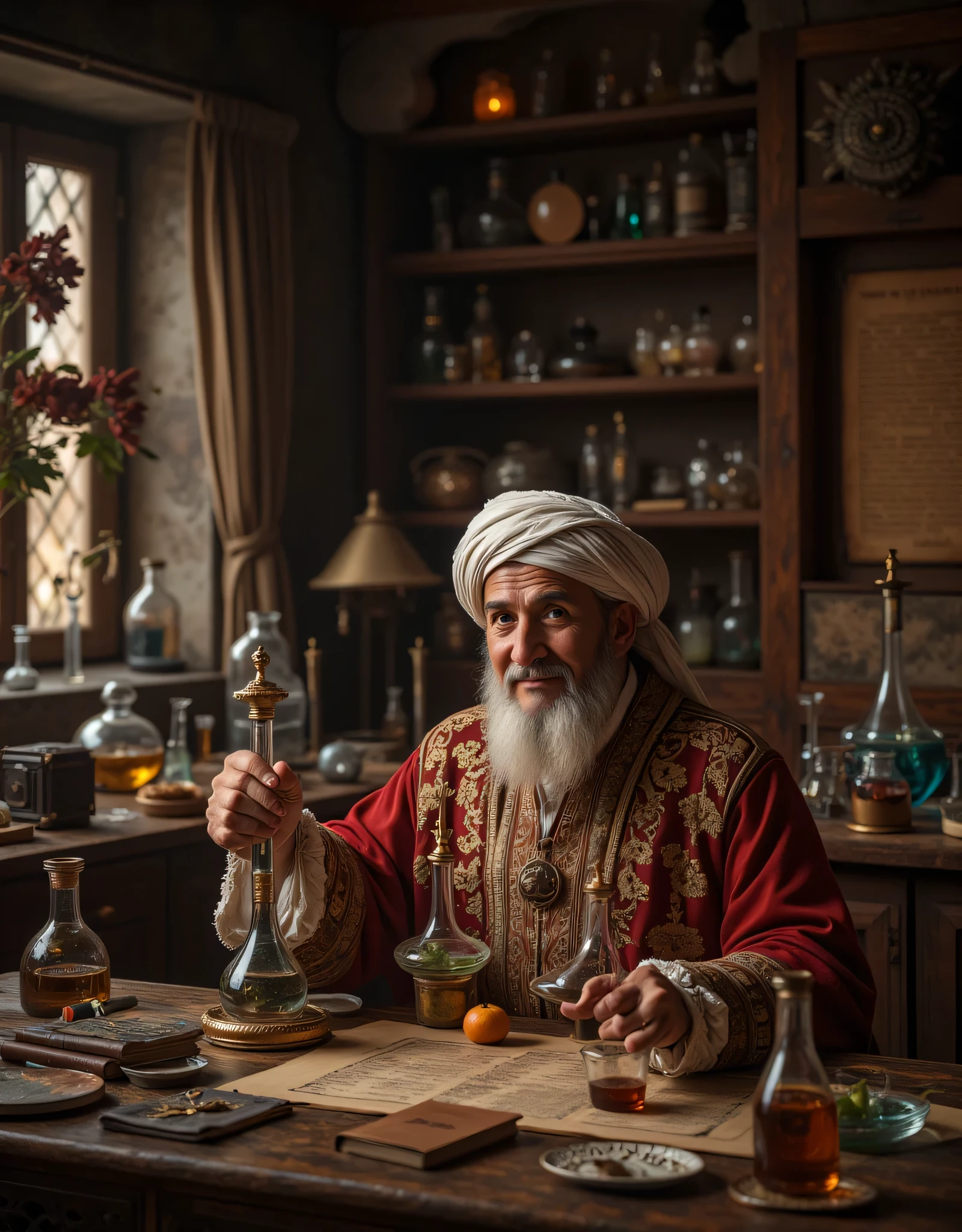 **Prompt:** Step into the enchanting realm of a medieval chemical laboratory, a sanctuary pulsating with the fervor of ancient scientific pursuit. Picture a labyrinth of ornate glassware, vividly bubbling alembics casting chromatic reflections, and the air rich with the scent of herbs and uncharted possibilities. The room, illuminated by the soft glow of flickering candles, reveals walls adorned with intricate scrolls of alchemical secrets. At the epicenter of this magnificent setting, envision a venerable old Arab alchemist, his wisdom etched into every line of his face. Clad in an elaborately embroidered robe that whispers tales of his heritage and topped with a traditional turban, he sits before an expansive table strewn with sunlit parchments and elegant quills. As he delicately pours a vibrant chemical elixir into an awaiting alembic, his features emerge—a thoughtful fusion of Robert De Niro’s intensity, Al Pacino’s charisma, and Russell Crowe’s depth, all softened by an inviting smile. His eyes gleam with the curiosity of discovery, inviting you to share in his quest for knowledge. Behind him, towering alembics loom like ancient sentinels, each illustrating the marvels of a time when science and magic danced hand in hand. Capture this scene in breathtaking hyperrealism, using a wide-angle perspective to juxtapose the polished surfaces of aged wood and the rich textures of leather-bound tomes. Employ depth of field techniques to enhance the inviting atmosphere, luring the viewer to delve into this extraordinary blend of history, discovery, and the tantalizing mysteries that lie within this timeless laboratory.
