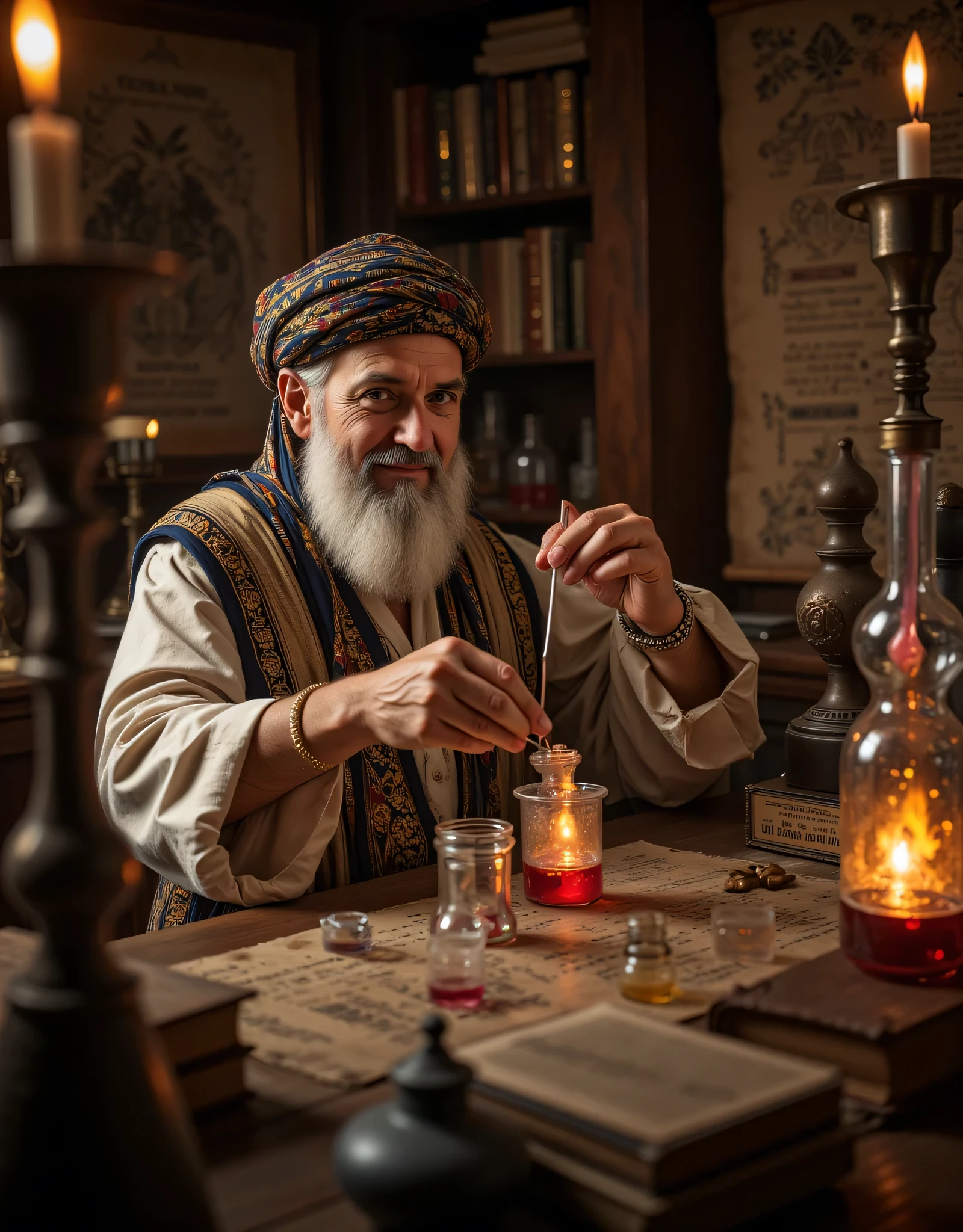 **Prompt:** Step into the enchanting realm of a medieval chemical laboratory, a sanctuary pulsating with the fervor of ancient scientific pursuit. Picture a labyrinth of ornate glassware, vividly bubbling alembics casting chromatic reflections, and the air rich with the scent of herbs and uncharted possibilities. The room, illuminated by the soft glow of flickering candles, reveals walls adorned with intricate scrolls of alchemical secrets. At the epicenter of this magnificent setting, envision a venerable old Arab alchemist, his wisdom etched into every line of his face. Clad in an elaborately embroidered robe that whispers tales of his heritage and topped with a traditional turban, he sits before an expansive table strewn with sunlit parchments and elegant quills. As he delicately pours a vibrant chemical elixir into an awaiting alembic, his features emerge—a thoughtful fusion of Robert De Niro’s intensity, Al Pacino’s charisma, and Russell Crowe’s depth, all softened by an inviting smile. His eyes gleam with the curiosity of discovery, inviting you to share in his quest for knowledge. Behind him, towering alembics loom like ancient sentinels, each illustrating the marvels of a time when science and magic danced hand in hand. Capture this scene in breathtaking hyperrealism, using a wide-angle perspective to juxtapose the polished surfaces of aged wood and the rich textures of leather-bound tomes. Employ depth of field techniques to enhance the inviting atmosphere, luring the viewer to delve into this extraordinary blend of history, discovery, and the tantalizing mysteries that lie within this timeless laboratory.