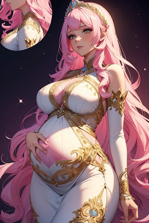 pregnant beautiful tall mom with blue ponytail hair, green eyes, in blue bikini, with a pregnant cute short young girl with long pink hair, blue eyes in purple bikini, both happy