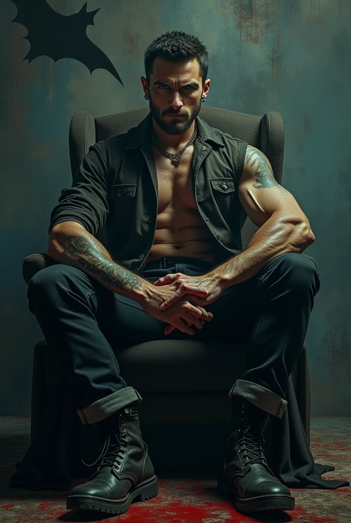 A man with his shirt open showing his sweaty, defined chest and abs sitting in an armchair, your body has scars tattoos, your face has a goatee