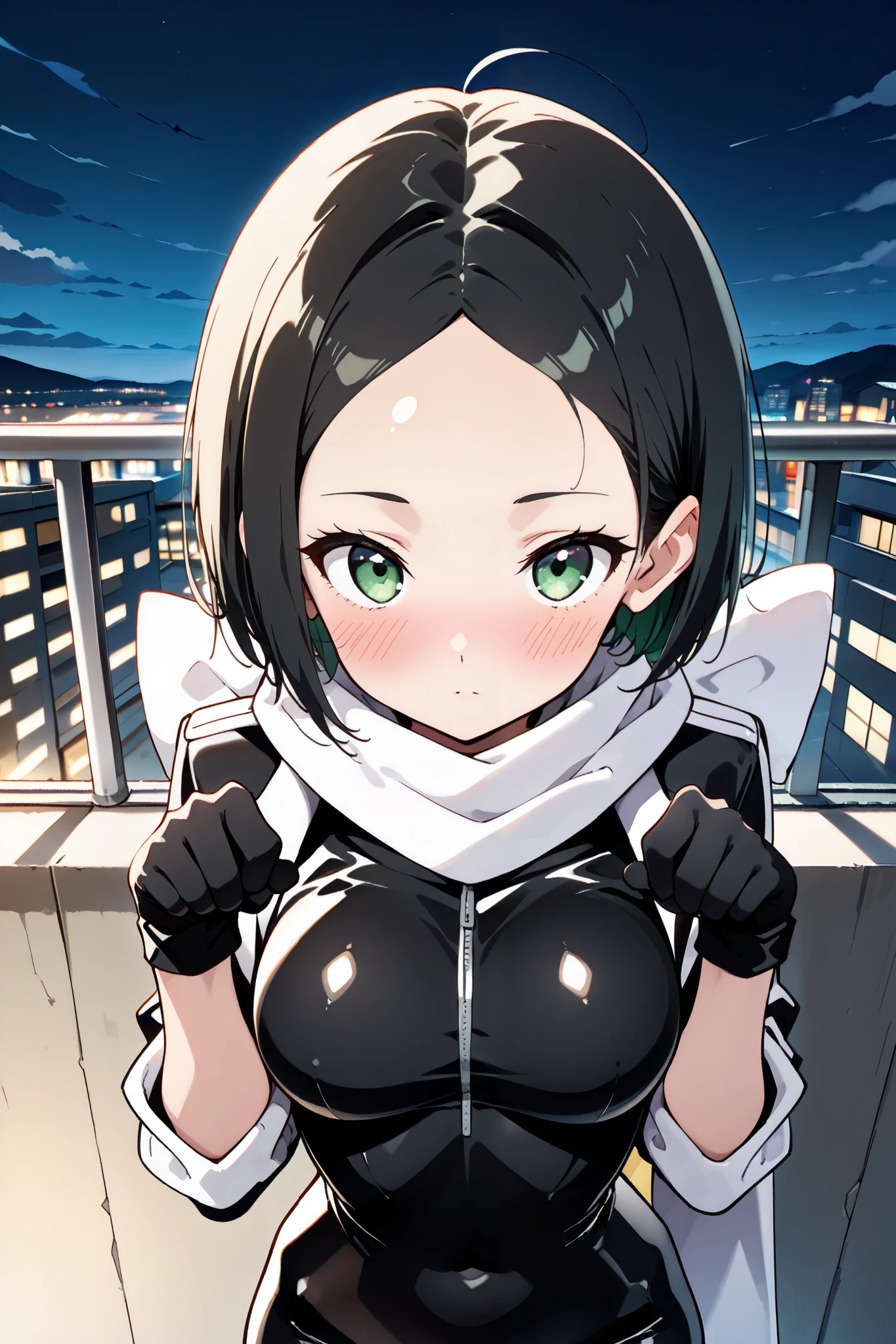 {Highest quality}, {so beautiful}, {Very detailed,beautiful face:1.4}, {Best illustrations},shileviathandef, Short Hair, black hair,green eyes, black rubber suit,white short jacket, Long white scarf,medium breasts,(Thin body, skinny body),(wide forehead:1.4)、Cat Eyes,(blush、 troubled face),My waist is low、sent、Bend your elbows、Hands in front、paw pose、Mysterious night view,night,rooftop