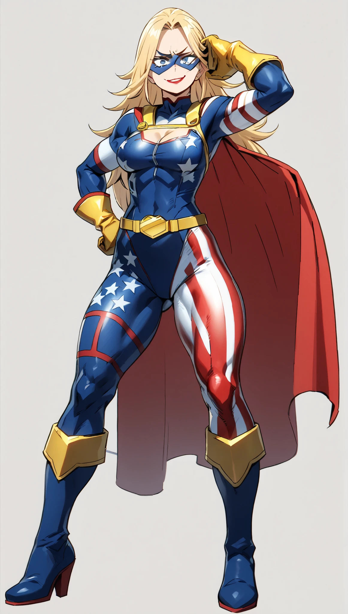 ((Highest Quality))), (Simple background), 1girl, fullbody, standing, athletic body, red lipstick, haughty expression, smug, blue eyes, long hair, domino mask, arrogant smile, american flag themed hero suit, navy blue bodysuit, Hero Suit, American Flag Cape, Hero Suit with cape, golden gloves, golden gloves, gold belt with a U logo on the buckle, medium breasts, wide hips, wide thighs