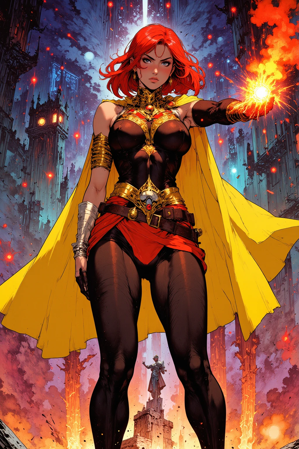 A beautiful woman is walking in the middle of a volcano, she's offering her hand, she's looking like a flame, shining bright, dressed in red with symmetrical designs and arabesques, adorned with bright orange lights, volcano scenario,masterpiece, highly detailed, 3d modelling, 4k resolution, abstract art, digital art, photographic
