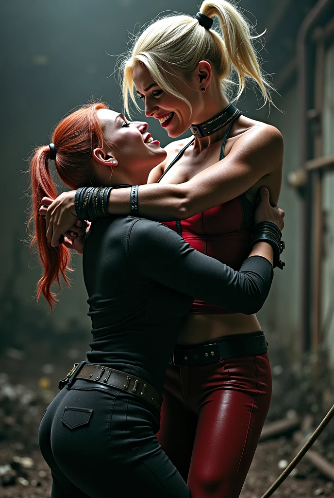 2 women, one blonde and the other redhead, tears off the clothes of another woman with red hair, leaving her almost naked. The redhead is surprised, she has big, sagging breasts. The blonde woman is taking off the other girl's clothes.