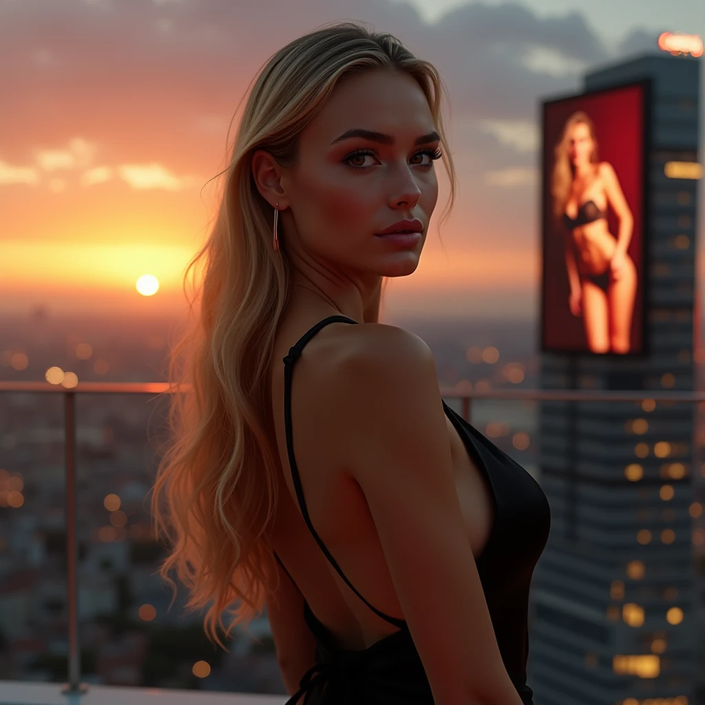 masterpiece, Best quality, extremely detailed, hyperrealistic, photorealistic, spanish model 20s, in a super detailed room in a skyscraper, On the Sunset, hand up, Beige Thin Bra Ultra Detailed Face, hair, blonde hair, pale skin, detailed chest, shy smile,  in a mini bikini, full height,