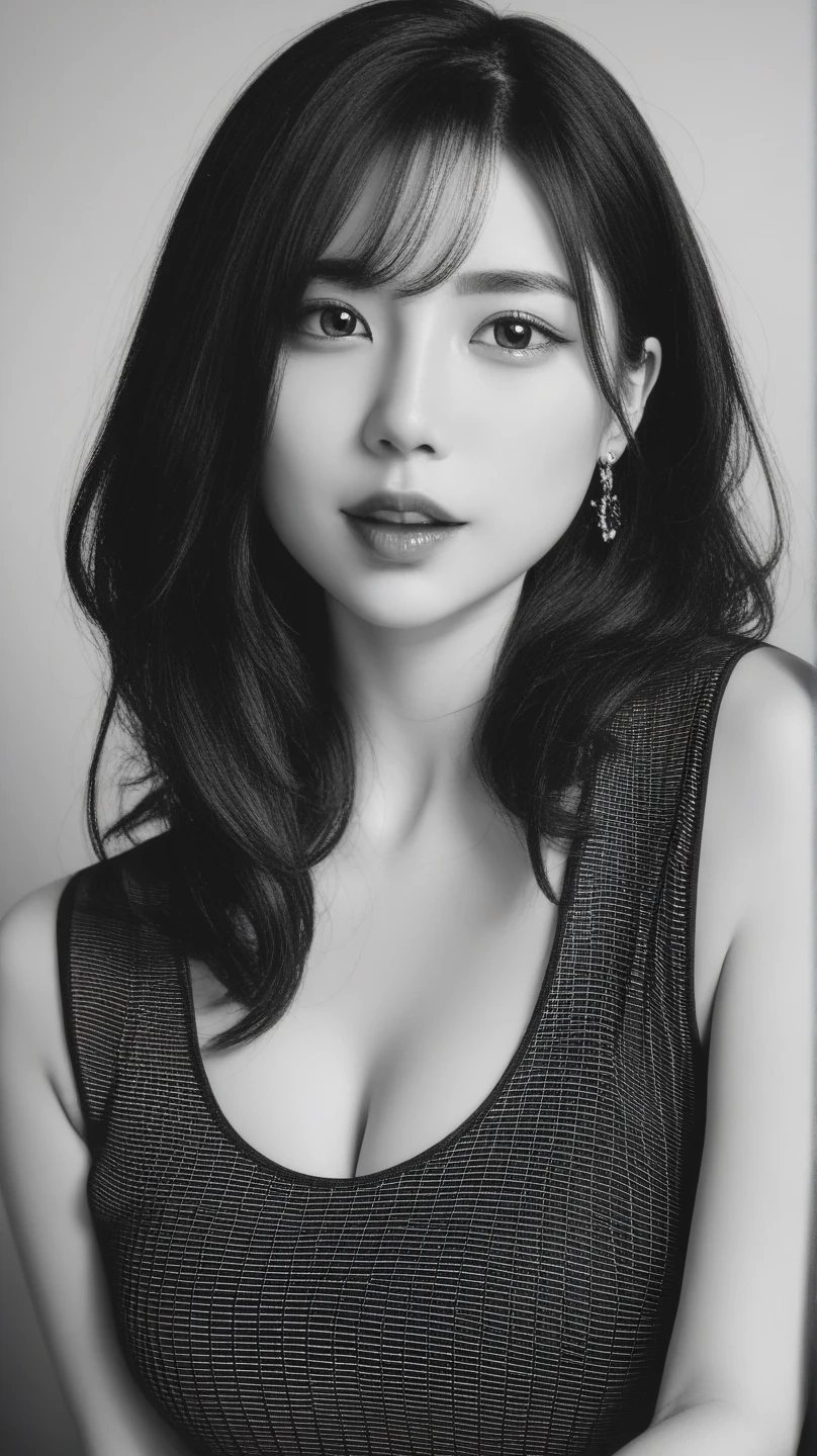 8k wallpaper, top-quality, masterpiece, realisitic, Photorealsitic, ultra-detailliert, highly detailed CG unit 8k wallpaper, Model style, RAW photo of a 29-year-old woman, (((Monochrome photography))), 1girl in, ((Facing the front)), Look at viewers, Upper body photo, small bust with good shape, (Vermilion lips), Detailed clavicle, face perfect, straight haired