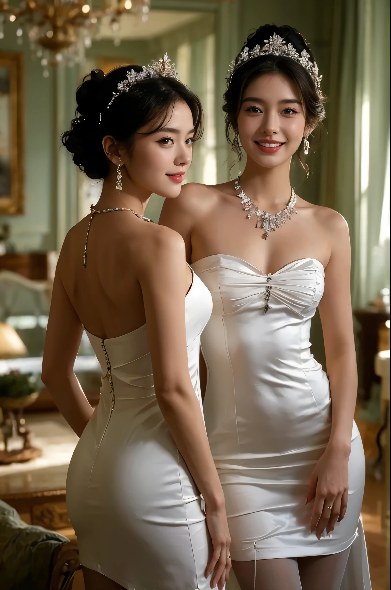 Two women in white dresses are posing for a picture - SeaArt AI