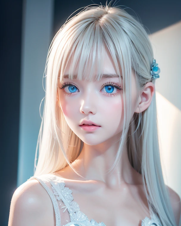 RAW Photos、(((A portrait of extreme beauty)))、((Radiant white beautiful skin))、1 person、A cute, child-faced, beautiful Nordic girl、((Glossy bright platinum blonde hair))、Cute clothes、Bangs that fall over the face、[Attractive, whitish, very light blue eyes]、Super long straight silky hair、eyeliner、Beautiful Bangs、Hair between the eyes、Fluttering Hair、smile、((masterpiece、最high quality、Super detailed、Film Light、Intricate details、High resolution、8k、Very detailed))、Detailed Background、8K  UHD、Digital SLR、Soft light、high quality、Film Grain、Fujifilm XT3 、Shallow depth of field、Natural light、（Perfect hands）、Small Face Beauty、Round face、Perfect beautiful face、Large Breasts