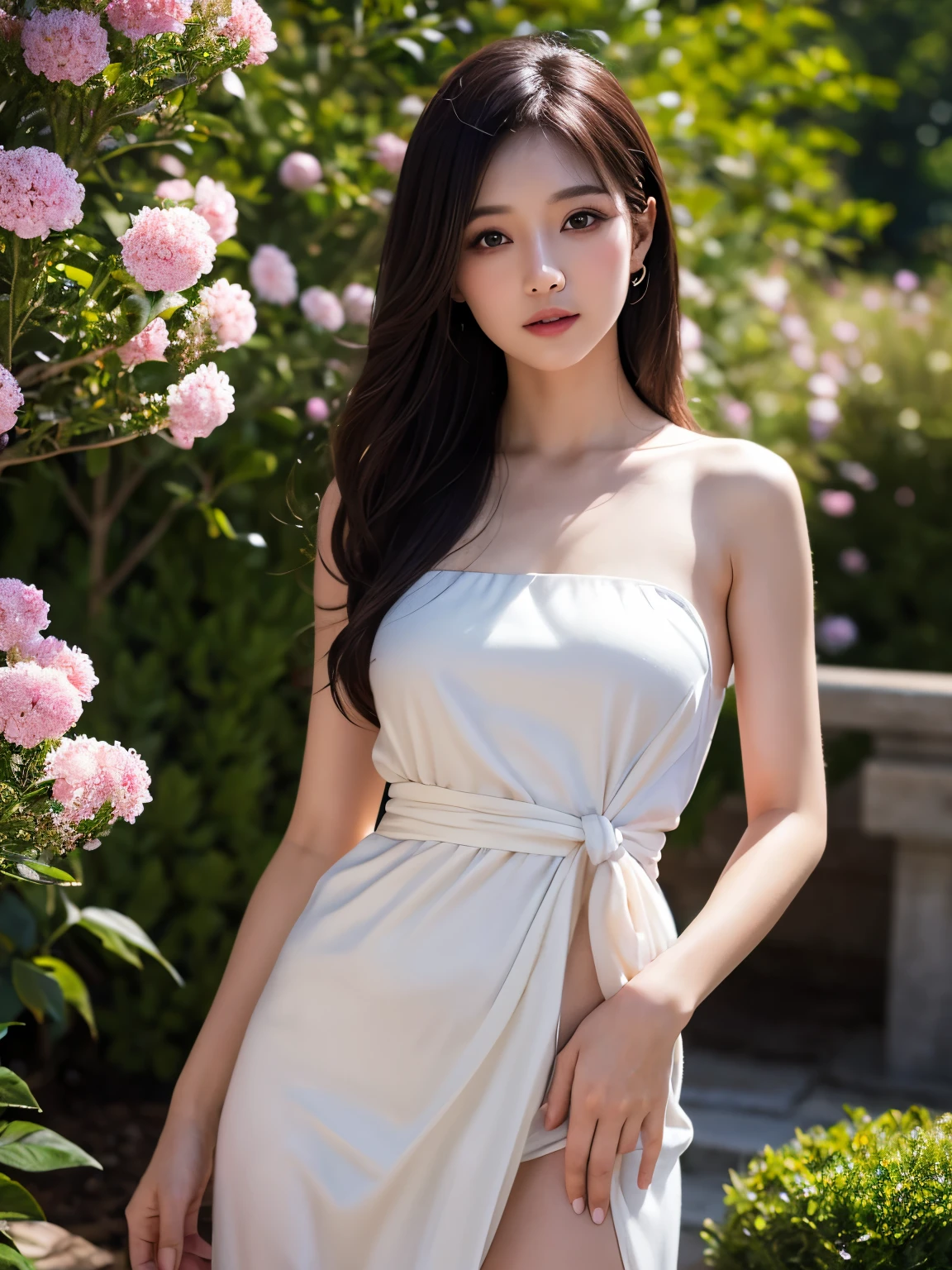Japanese woman, half naked 40s lady, Whole body, see-through expensive dress, skirt lift, standing, arm between legs, Realistic