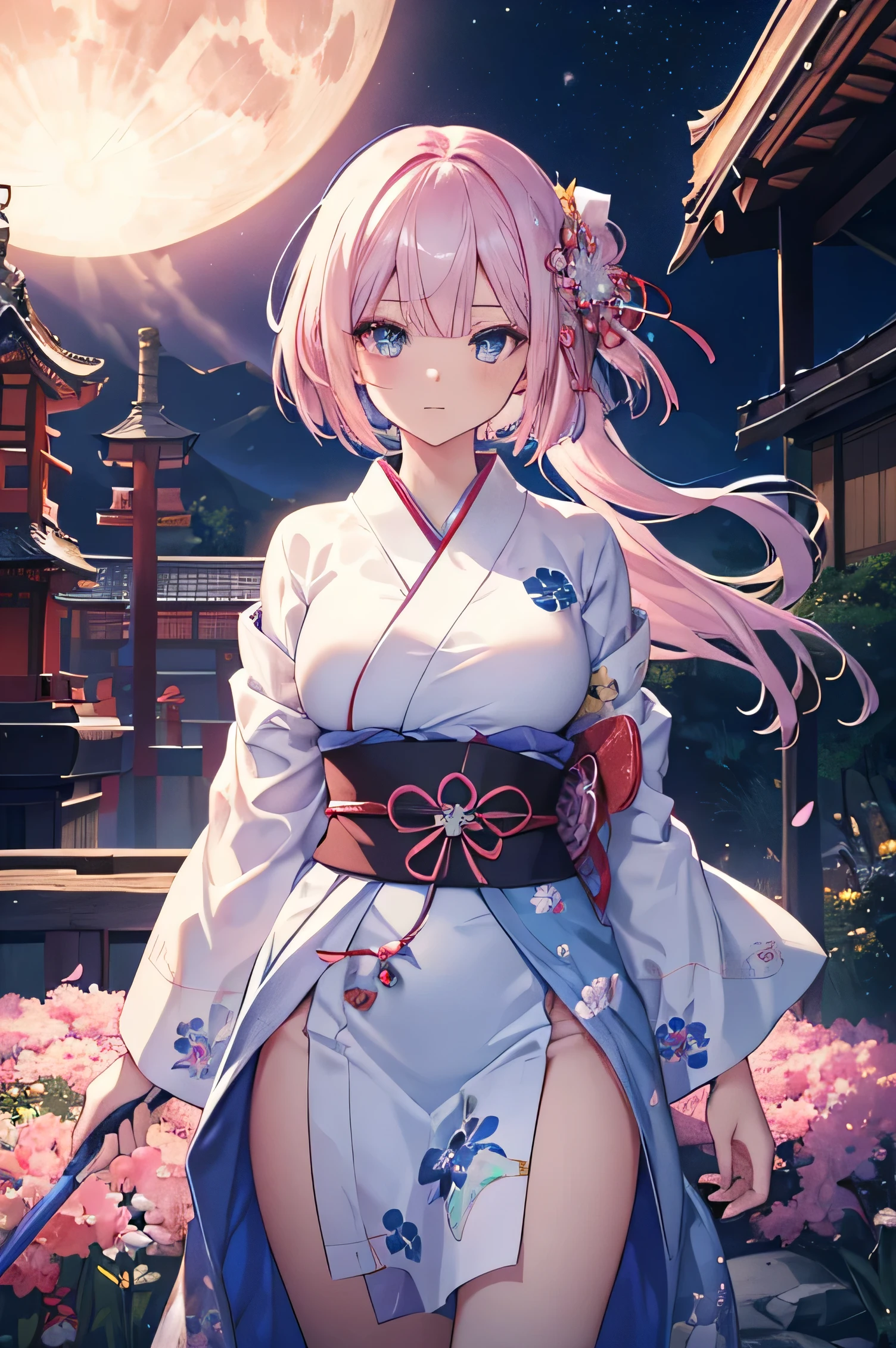 samurai girl with short hair and tattooed back who is using two katanas, with dark hair, with a white outfit showing her shoulder. with the image of destroyed Japanese temples with blue fire as a backdrop. Blue night sky full of stars, with pink Japanese cherry tree leaves falling