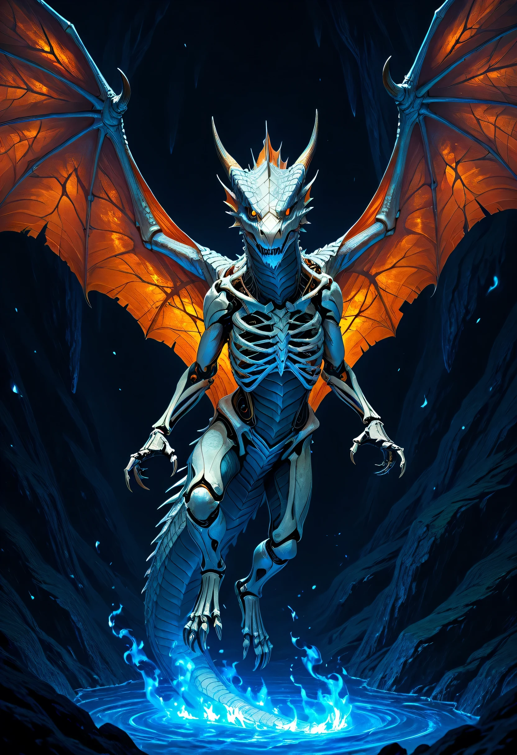 fantasy art, a picture of a skeleton dragon, spread dragon wings, skeletal wings, some silver scales remain, there are blue flames, serpentine eye, dragon cave background, fantasy