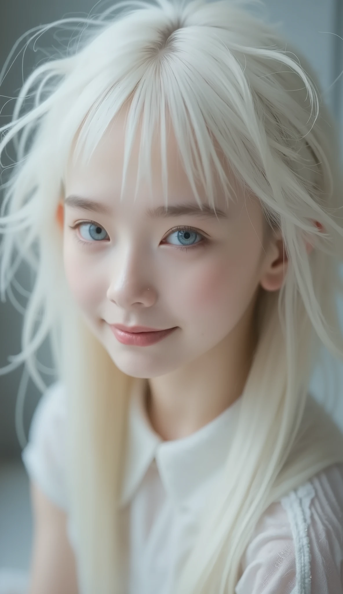 Best Quality、masterpiece、RAW Photos、Film Grain、8k、Ultra-high resolution、Very cute girl、albino girl、pale face_Eye _lips、(((Spiky hair、Long white hair、Pale sparks in hair:1.37、Spiky hair caused by static electricity、Pale Sparks、Pure white hair:1.2、Surprised expression、Smiling a little)))、