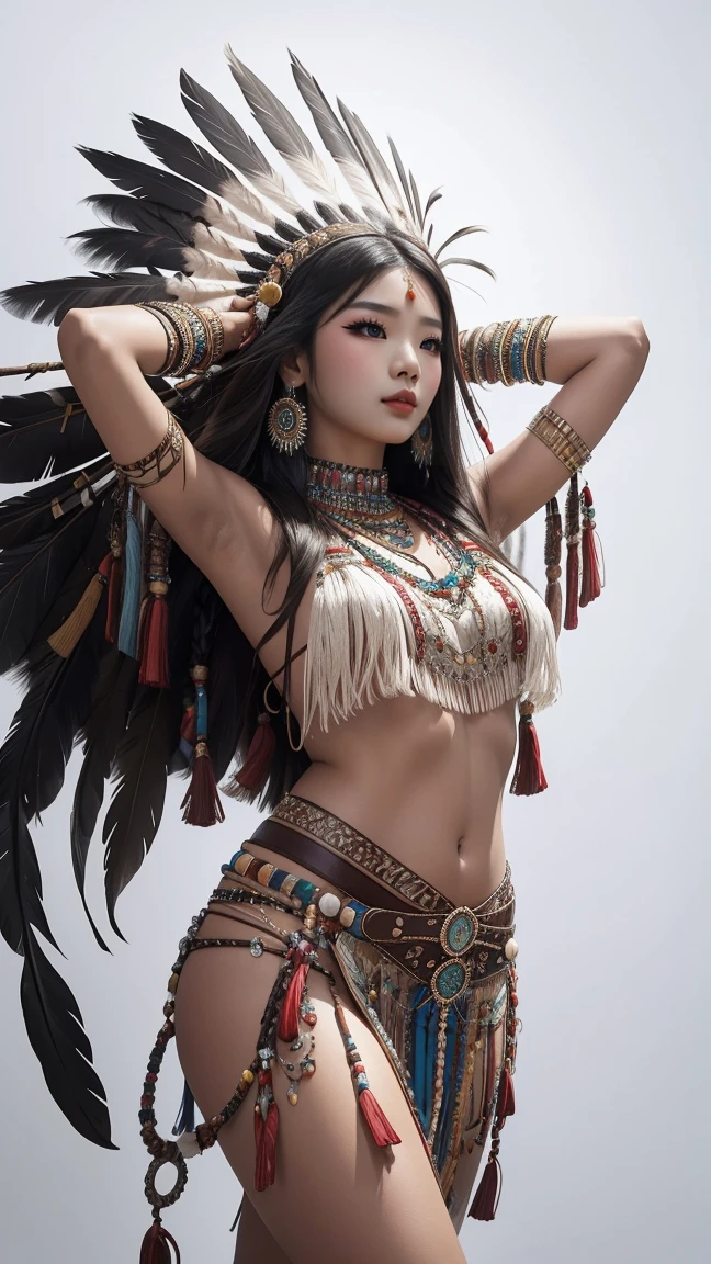 Native American beauty in dance poses, luxurious leather ponchos embroidered with intricate embroidery, flowing tulle, feather hair ornaments, war bonnet, tattoo, brown skin, Indian jewelry, Native American pattern, transparent and long colorful ubert on arms, navel ribbons, shoulders, necks, arm ring ribbons, big breast, wreaths, bracelets, anklets, Metal chain tassel around waist, sun god background, ink wash, popular CGSTATION, masterpiece, recent quality, high resolution details, 32K