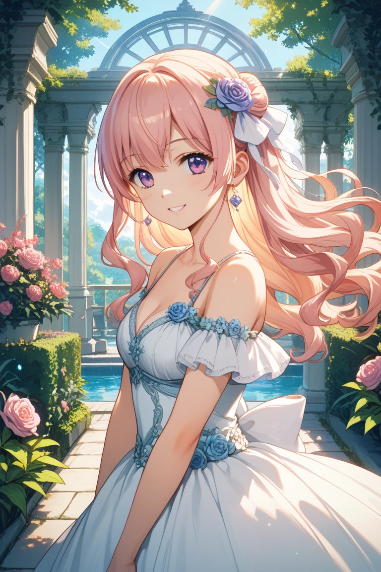solo, 1girl, cleavage, hair ornament, breasts, dress, bare shoulders, looking at viewer, jewelry, long hair, earrings, hair flower, blue eyes, outdoors, pink hair, sitting, blush, white dress, tiara, flower, sky, day, closed mouth, bangs, strapless, large breasts, detached sleeves