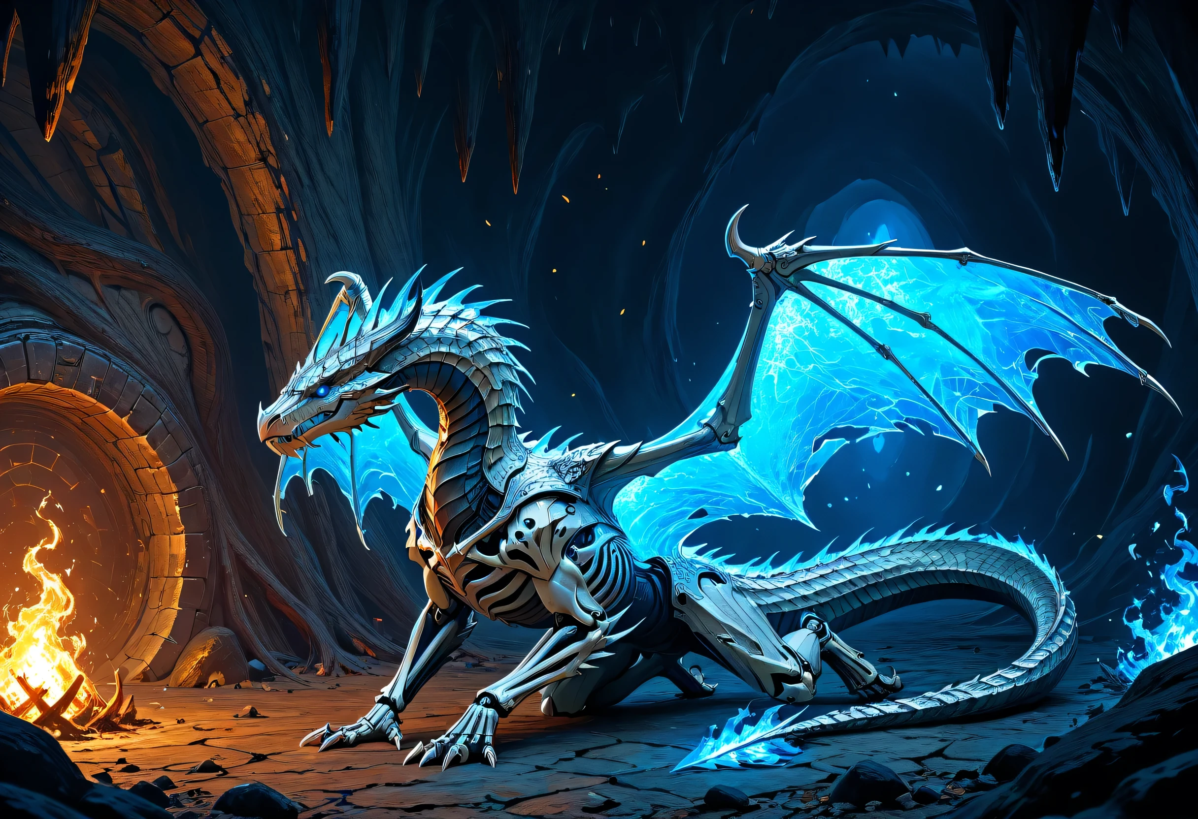 fantasy art, a picture of a massive. epic, skeleton dragon, spread dragon wings, skeletal wings, some silver scales remain, there are blue flames, serpentine eye, dragon cave background, fantasy
