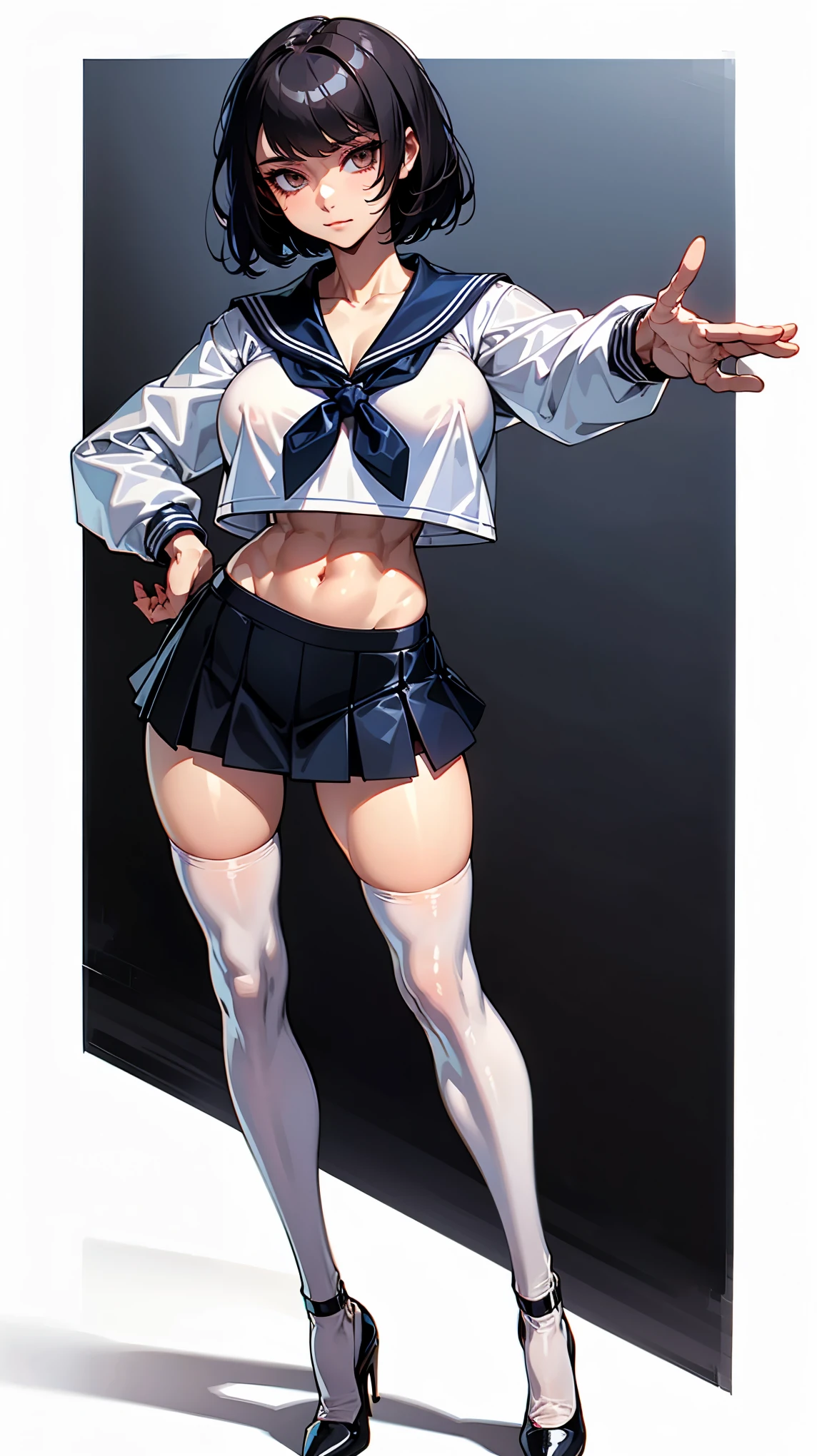 Bigboobs，cropped shoulders，knee length socks，pleatedskirt，Show your arms，No shoes on