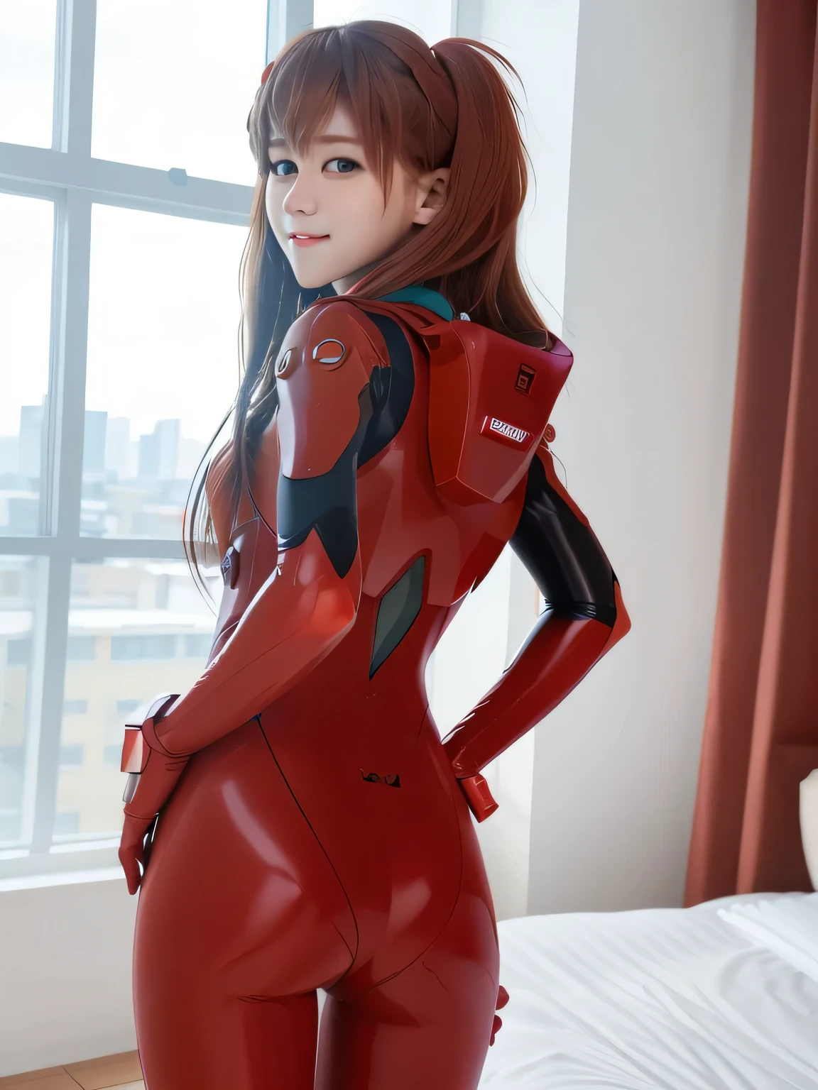 4K、8k、(masterpiece、Best Quality:1.2)、 dark eyes 、perfect face、Cosplay、 Japanese 、pro、 photos、photorealism、 model shoot style 、Platinum portrait、 red plug suit、woman、bedroom、、 bed sheets、 window、plant、upper body、Face shot、 drooling from Ultra Gigantic 、big butts、smirking laugh、 Photo shooting by Grab One Side 、 place hands on hips
