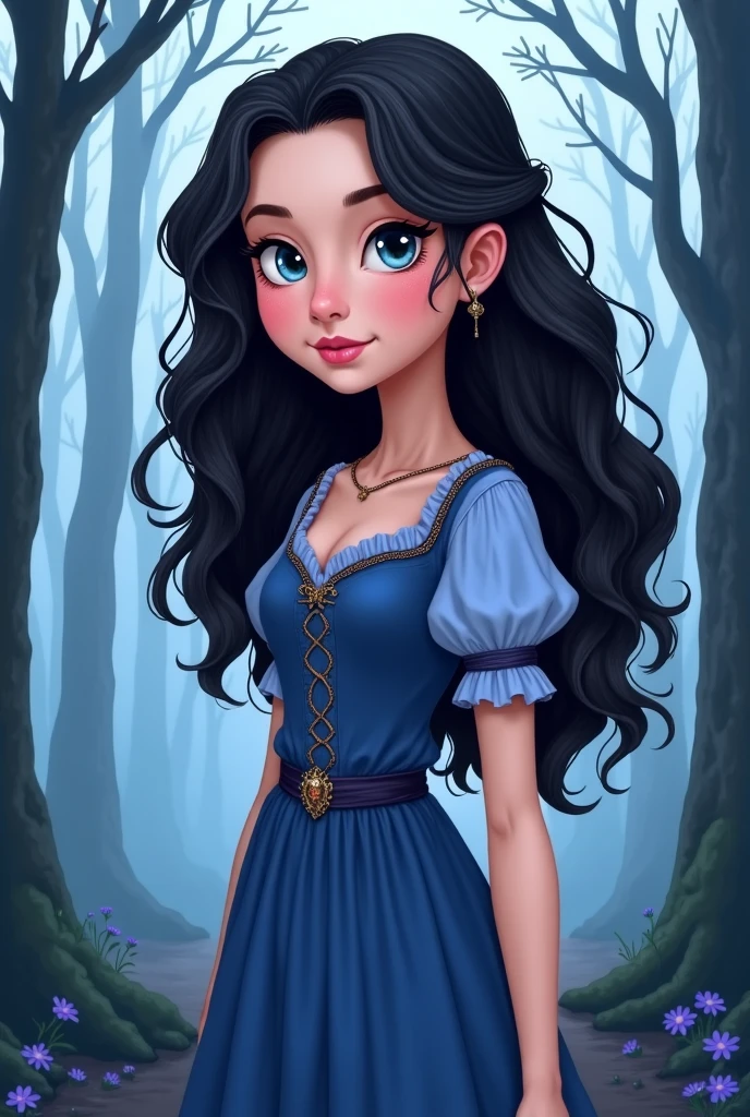 Portrait of a 20 year old girl with black wavy hair and light blue eyes in a medieval blue dress in a cartoon, hand drawn style. The color palette has White blue black and lilac tones background - misty forest