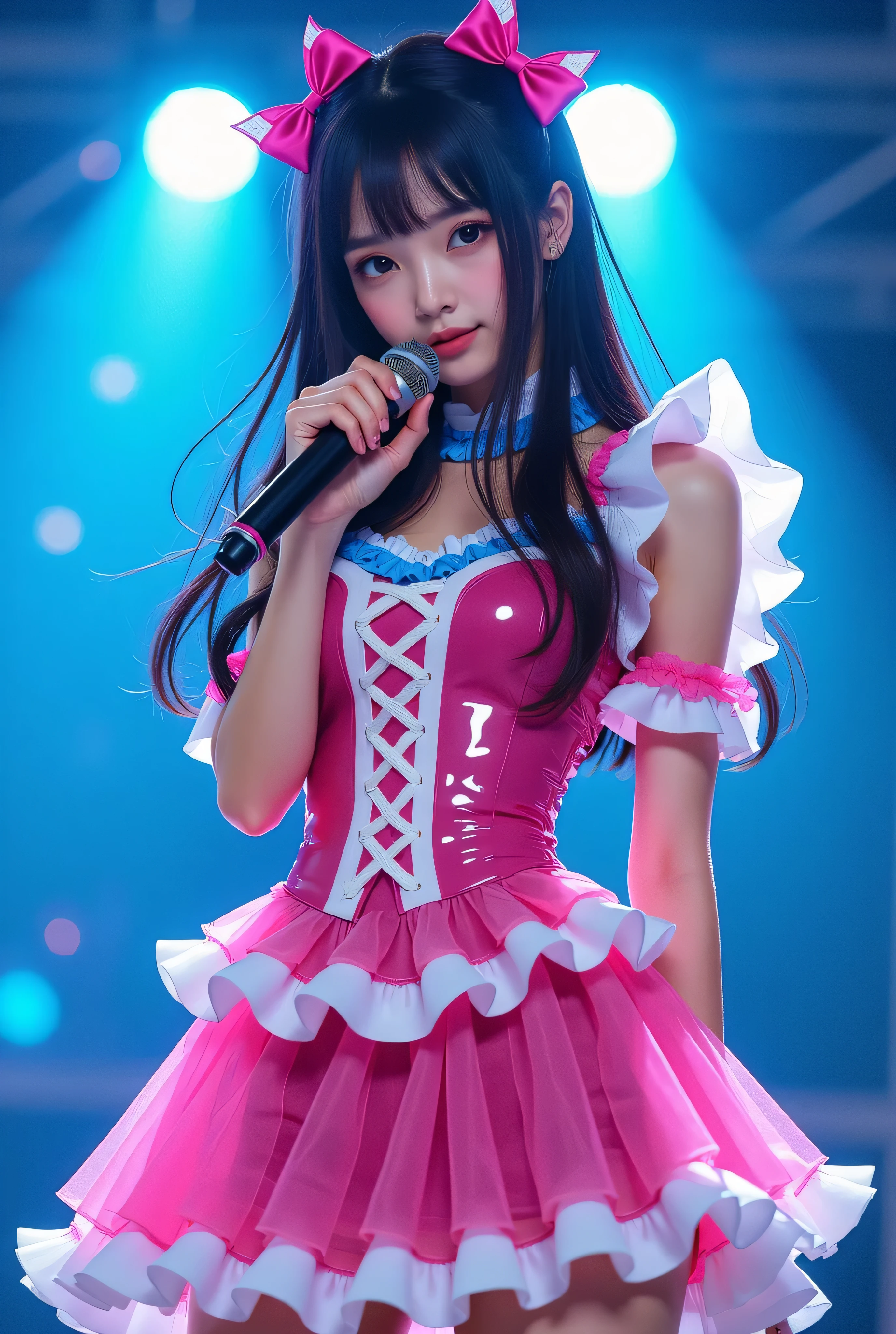Create a highly detailed, realistic image of a young woman with long, dark hair styled with two small pink bows on either side. She is wearing a vibrant and transparent shinning glossy pink short dress that has a layered, frilly design with white ruffled edges on the sleeves and neckline. The dress has intricate lace-up details on the front, with white ribbons crisscrossing over the bodice. A large, white bow is tied around her waist, and the skirt is layered with multiple ruffles, alternating between white and pink frills. The upper part of the dress has a mix of white and blue accents, especially around the shoulders, giving it a lively, idol-like appearance. The girl’s expression is cheerful and playful, with a radiant smile, captured both in performance and posing with a slightly pensive look. Ensure that her outfit appears shiny and glossy, reflecting stage lights, and incorporate a vivid, performance-like atmosphere in the background. Some Lights shooting around, she hold microphone, head thighs portrait,