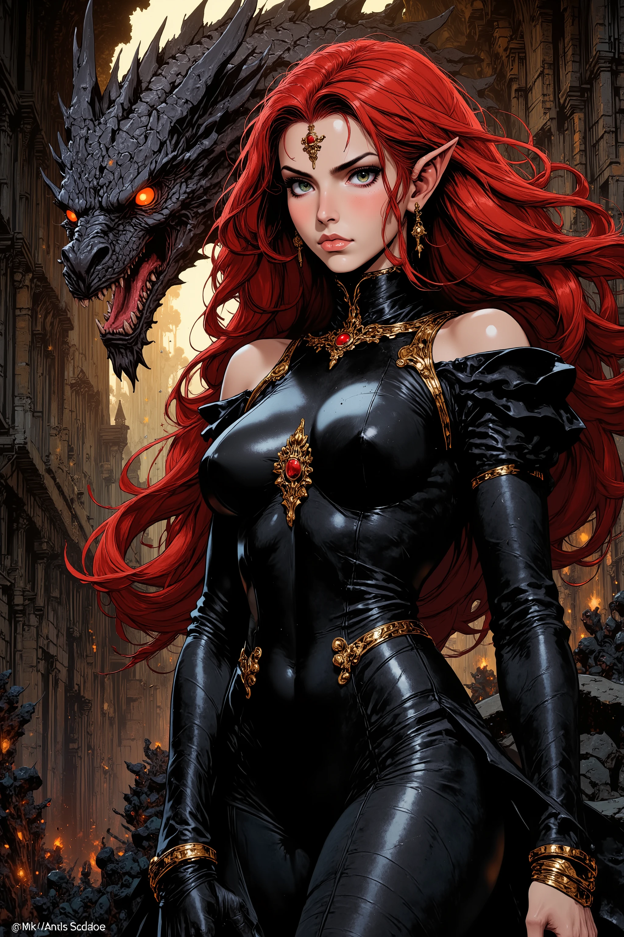 art by Mike Deodato Jr, a painting of a queen Elf a woman in black leather with a dragon's head and red hair, the dragon girl portrait, dragon girl , dragon scales in hair, with magical creatures , Black fantasy mixed with realism, dragon in the background, In Anne Stokes style, draconic features soft and delicate, queen of dragons, human-dragon fusion , beautiful fantasy art portrait , hyperrealistic fantastic art , DRAGON QUEEN