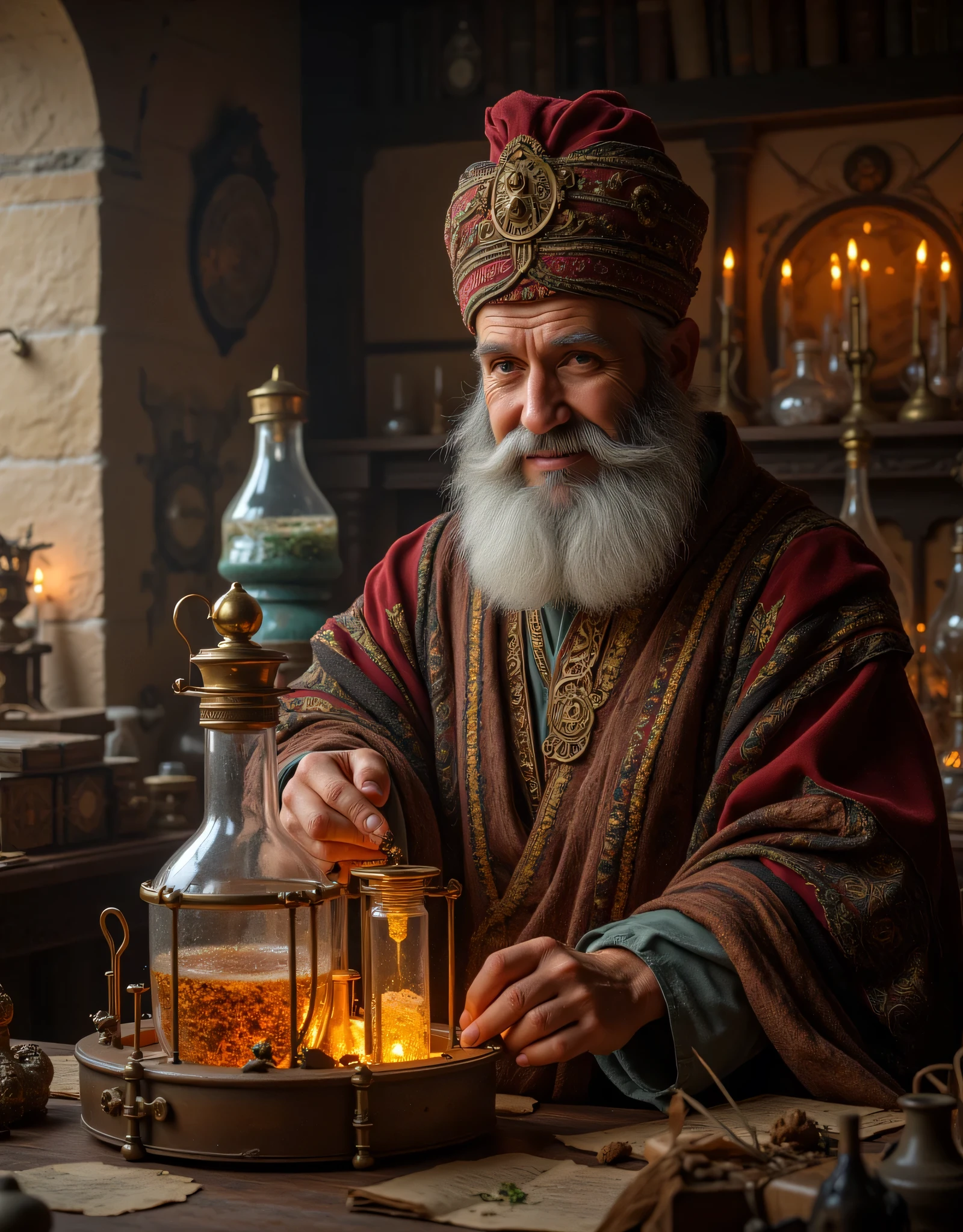 **Prompt:** Step into the enchanting realm of a ancient medieval alchemy laboratory, a sanctuary pulsating with the fervor of ancient scientific pursuit. Picture a labyrinth of ornate chemical glassware, vividly bubbling b liquid in alembics glass casting chromatic reflections, and the air rich with the scent of herbs and uncharted possibilities. The room, illuminated by the soft glow of flickering candles, reveals walls adorned with intricate scrolls of alchemical secrets. At the epicenter of this magnificent setting, envision a venerable grey old Arab alchemist, his wisdom etched into every line of his face. Clad in an elaborately embroidered robe that whispers tales of his heritage and topped with a traditional turban, he sits before an expansive table strewn with sunlit parchments and elegant quills. As he delicately pours a vibrant chemical elixir into an awaiting alembic, his features emerge—a thoughtful fusion of Robert De Niro’s intensity, Al Pacino’s charisma, and Russell Crowe’s depth, all softened by an inviting smile. His eyes gleam with the curiosity of discovery, inviting you to share in his quest for knowledge. Behind him, towering alembics loom like ancient sentinels, each illustrating the marvels of a time when science and magic danced hand in hand. Capture this scene in breathtaking hyperrealism, using a wide-angle perspective to juxtapose the polished surfaces of aged wood and the rich textures of leather-bound tomes. Employ depth of field techniques to enhance the inviting atmosphere, luring the viewer to delve into this extraordinary blend of history, discovery, and the tantalizing mysteries that lie within this timeless laboratory. Imagine you are an alchemist in a mystical laboratory filled with ancient scrolls and mysterious artifacts. You discover an intricate alembic composed of shimmering glass and ornate metalwork. Describe the process of distillation as you use this powerful tool to transform a rare herb into a glowing elixir.