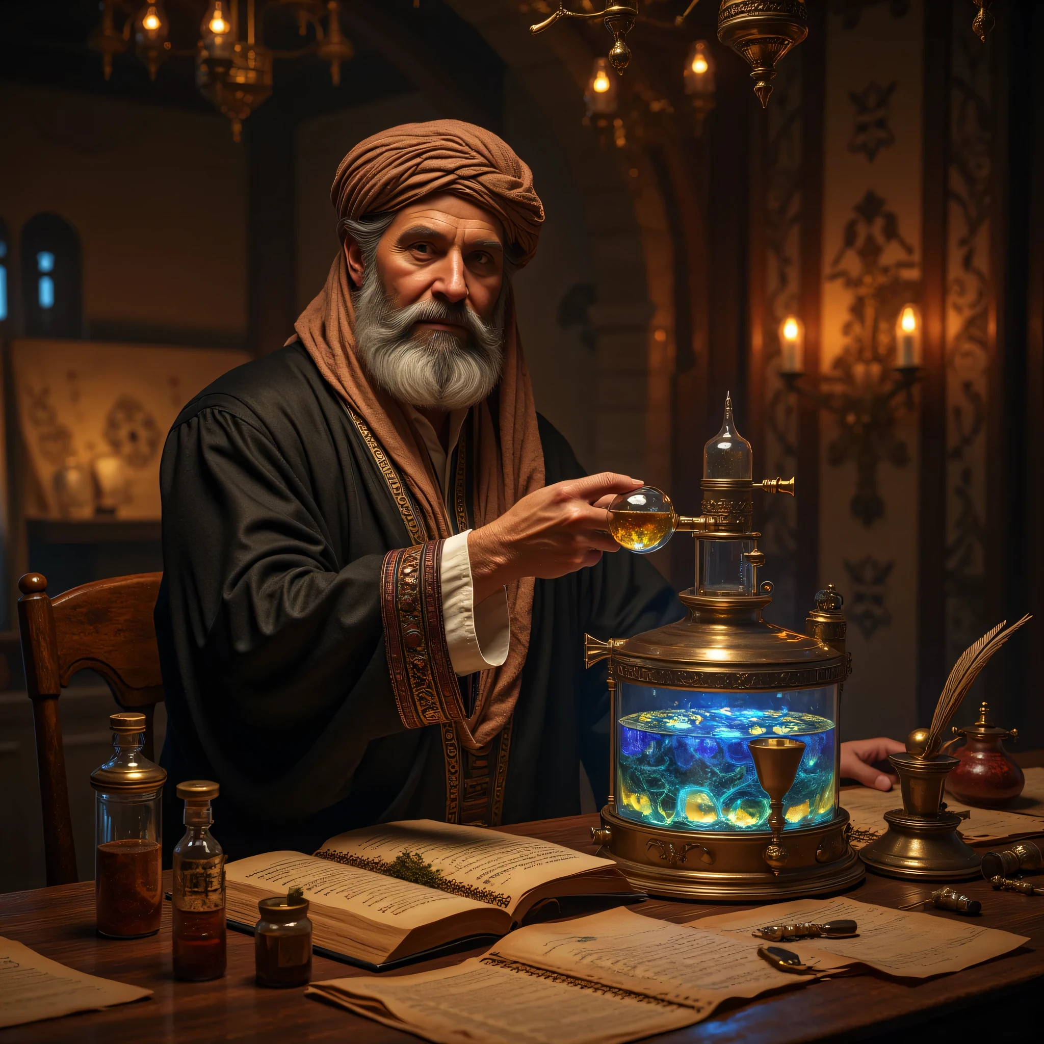 **Prompt:** Step into the enchanting realm of a ancient medieval alchemy laboratory, a sanctuary pulsating with the fervor of ancient scientific pursuit. Picture a labyrinth of ornate chemical glassware, vividly bubbling b liquid in alembics glass casting chromatic reflections, and the air rich with the scent of herbs and uncharted possibilities. The room, illuminated by the soft glow of flickering candles, reveals walls adorned with intricate scrolls of alchemical secrets. At the epicenter of this magnificent setting, envision a venerable grey old Arab alchemist, his wisdom etched into every line of his face. Clad in an elaborately embroidered robe that whispers tales of his heritage and topped with a traditional turban, he sits before an expansive table strewn with sunlit parchments and elegant quills. As he delicately pours a vibrant chemical elixir into an awaiting alembic, his features emerge—a thoughtful fusion of Robert De Niro’s intensity, Al Pacino’s charisma, and Russell Crowe’s depth, all softened by an inviting smile. His eyes gleam with the curiosity of discovery, inviting you to share in his quest for knowledge. Behind him, towering alembics loom like ancient sentinels, each illustrating the marvels of a time when science and magic danced hand in hand. Capture this scene in breathtaking hyperrealism, using a wide-angle perspective to juxtapose the polished surfaces of aged wood and the rich textures of leather-bound tomes. Employ depth of field techniques to enhance the inviting atmosphere, luring the viewer to delve into this extraordinary blend of history, discovery, and the tantalizing mysteries that lie within this timeless laboratory. Imagine you are an alchemist in a mystical laboratory filled with ancient scrolls and mysterious artifacts. You discover an intricate alembic composed of shimmering glass and ornate metalwork. Describe the process of distillation as you use this powerful tool to transform a rare herb into a glowing elixir.