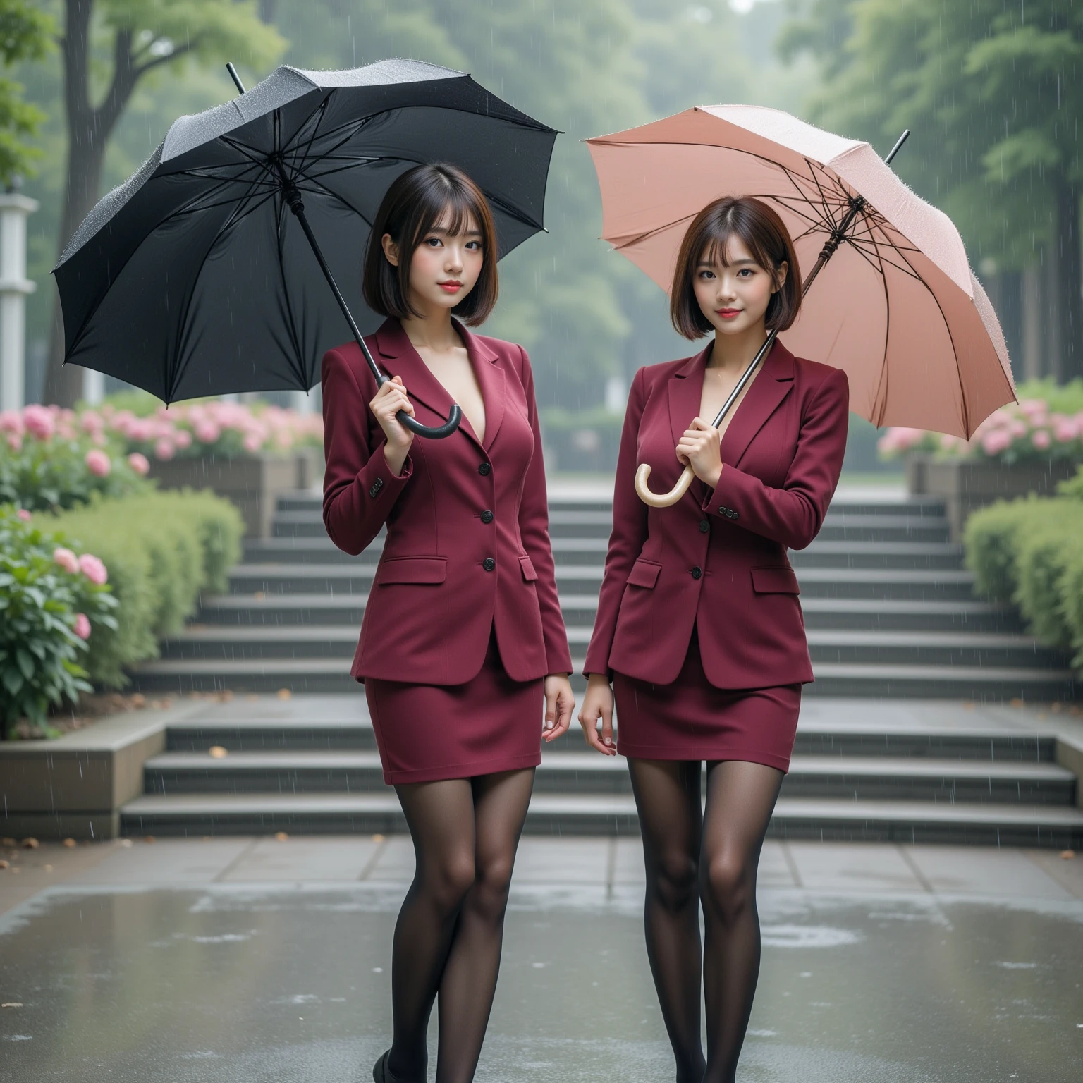 heavy rain,Daytime,Walking on a wet city sidewalk ,drenched, Dripping, Wet Face,Wet clothes, Wet Skin, Wet Hair,(A young woman with a cute face like an idol),(((Cleavage))),(business suit),(mini skirt),((Full body portrait)),RAW Photos,Genuine,Genuine,High resolution,RAW Photos,masterpiece, beautiful