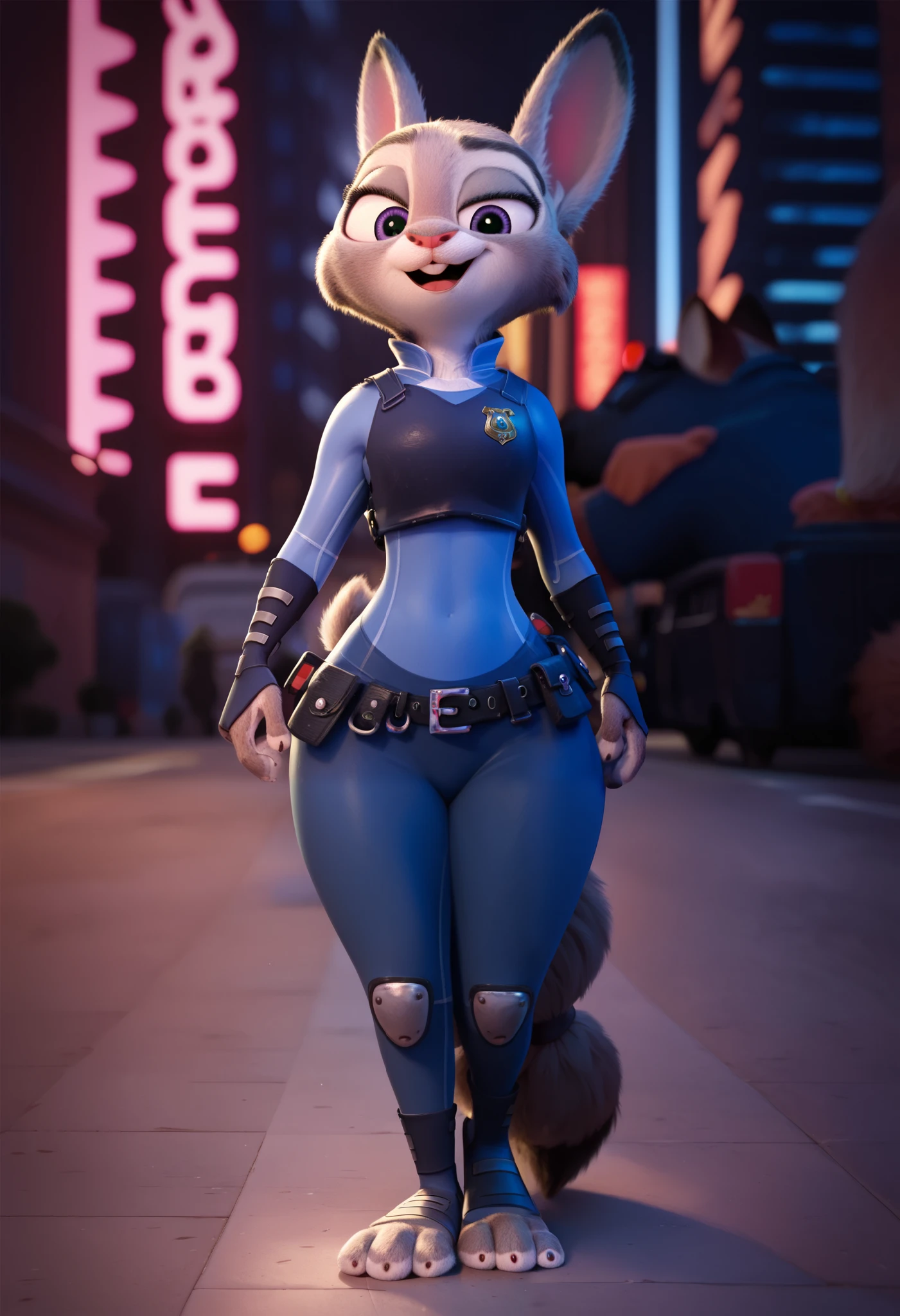 masterpiece, judy hopps, blue fur, Wide hips, on a city, police uniform, long and fluffy krystal the fox tail, full body, crossing legs, pov from bellow