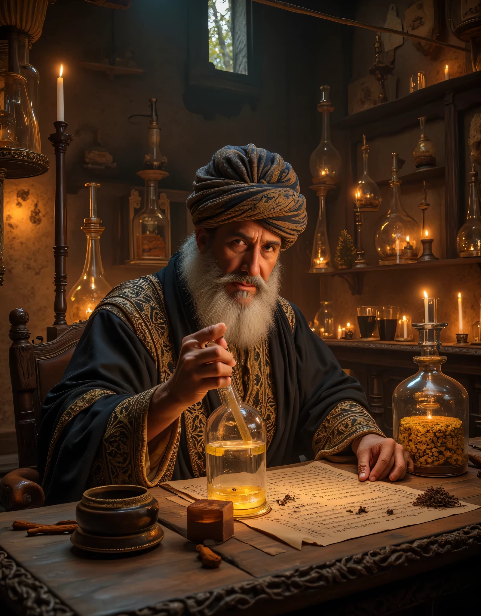 **Prompt:** Step into the enchanting realm of a medieval chemical laboratory, a sanctuary pulsating with the fervor of ancient scientific pursuit. Picture a labyrinth of ornate chemical glassware, vividly bubbling liquid in alembics glass casting chromatic reflections, and the air rich with the scent of herbs and uncharted possibilities. The room, illuminated by the soft glow of flickering candles, reveals walls adorned with intricate scrolls of alchemical secrets. At the epicenter of this magnificent setting, envision a venerable old Arab alchemist, his wisdom etched into every line of his face. Clad in an elaborately embroidered robe that whispers tales of his heritage and topped with a traditional turban, he sits before an expansive table strewn with sunlit parchments and elegant quills. As he delicately pours a vibrant chemical elixir into an awaiting alembic, his features emerge—a thoughtful fusion of Robert De Niro’s intensity, Al Pacino’s charisma, and Russell Crowe’s depth, all softened by an inviting smile. His eyes gleam with the curiosity of discovery, inviting you to share in his quest for knowledge. Behind him, towering alembics loom like ancient sentinels, each illustrating the marvels of a time when science and magic danced hand in hand. Capture this scene in breathtaking hyperrealism, using a wide-angle perspective to juxtapose the polished surfaces of aged wood and the rich textures of leather-bound tomes. Employ depth of field techniques to enhance the inviting atmosphere, luring the viewer to delve into this extraordinary blend of history, discovery, and the tantalizing mysteries that lie within this timeless laboratory. **Prompt:** Imagine you are an alchemist in a mystical laboratory filled with ancient scrolls and mysterious artifacts. You discover an intricate alembic composed of shimmering glass and ornate metalwork. Describe the process of distillation as you use this powerful tool to transform a rare herb into a glowing elixir.